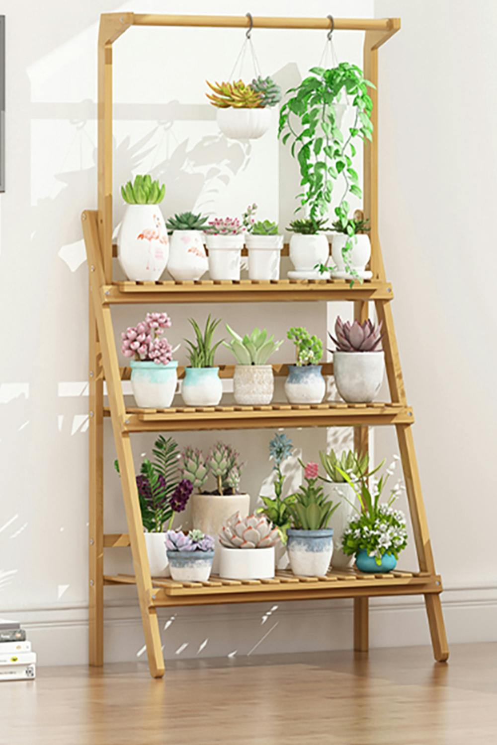Rackhams Brown 3-Tier Foldable Wooden Ladder Shelf With Hanging Rod