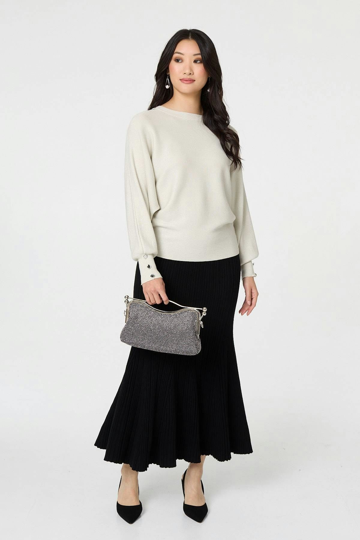 Izabel London Black Stripe Pleated Texture Knit Maxi Skirt - S/M