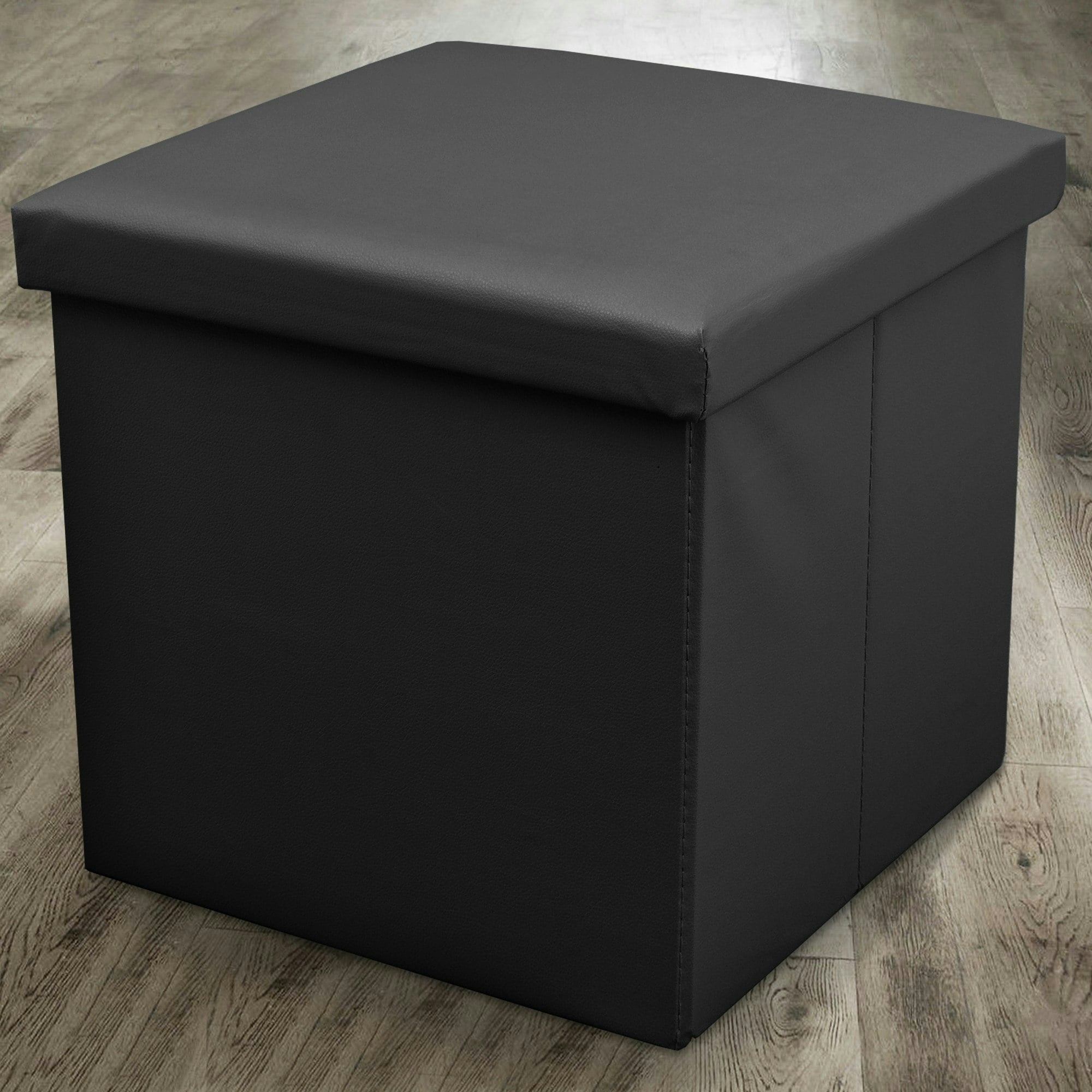 Home Republic Black Faux Leather Storage Ottoman - 38Cm X 38Cm Foldable