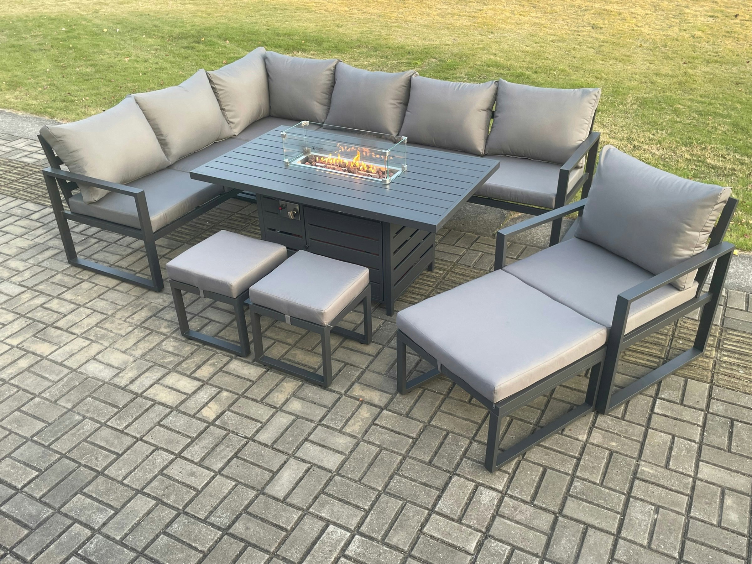 Rackhams Dark/Grey Aluminium 9 Pieces Garden Furniture Corner Sofa Set With Cushions Gas Fire Pit Dining Table Set With Chair 3 Footstools