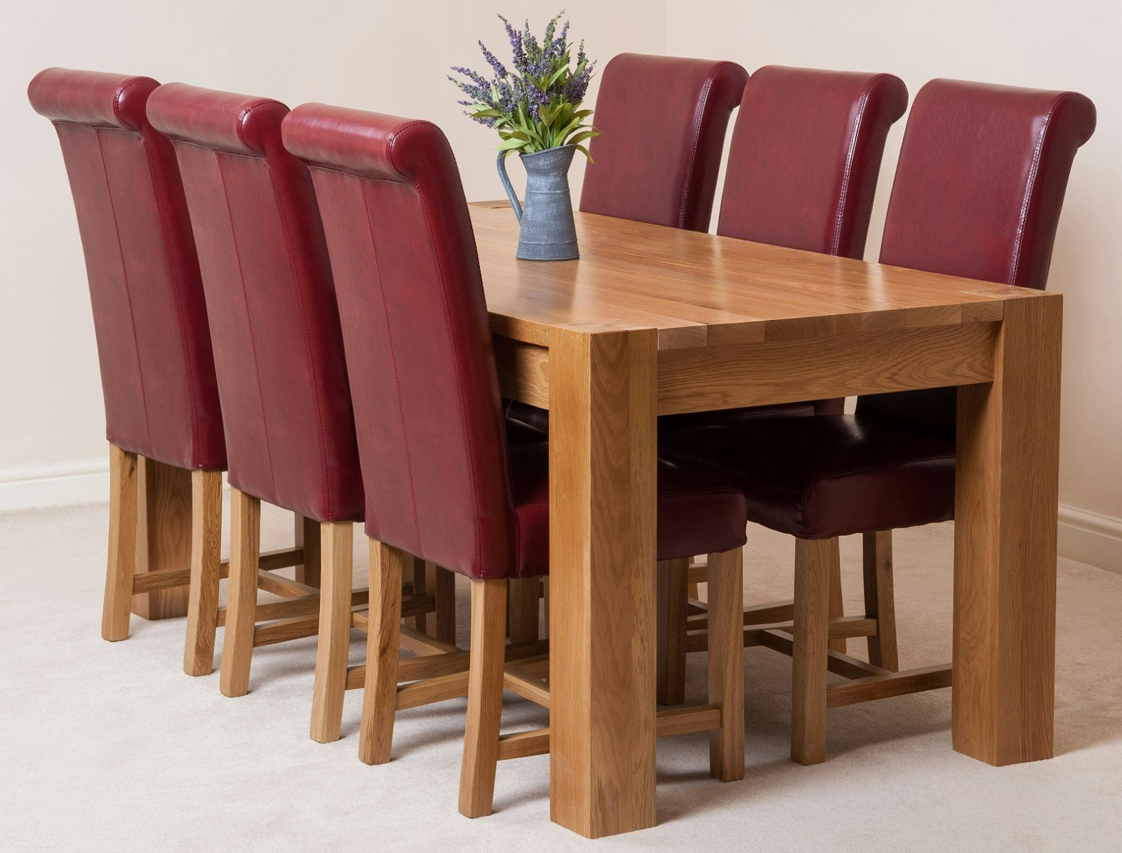 Rackhams Burgundy Kuba Large Oak Dining Table With Washington Leather Chairs - 6 Chairs