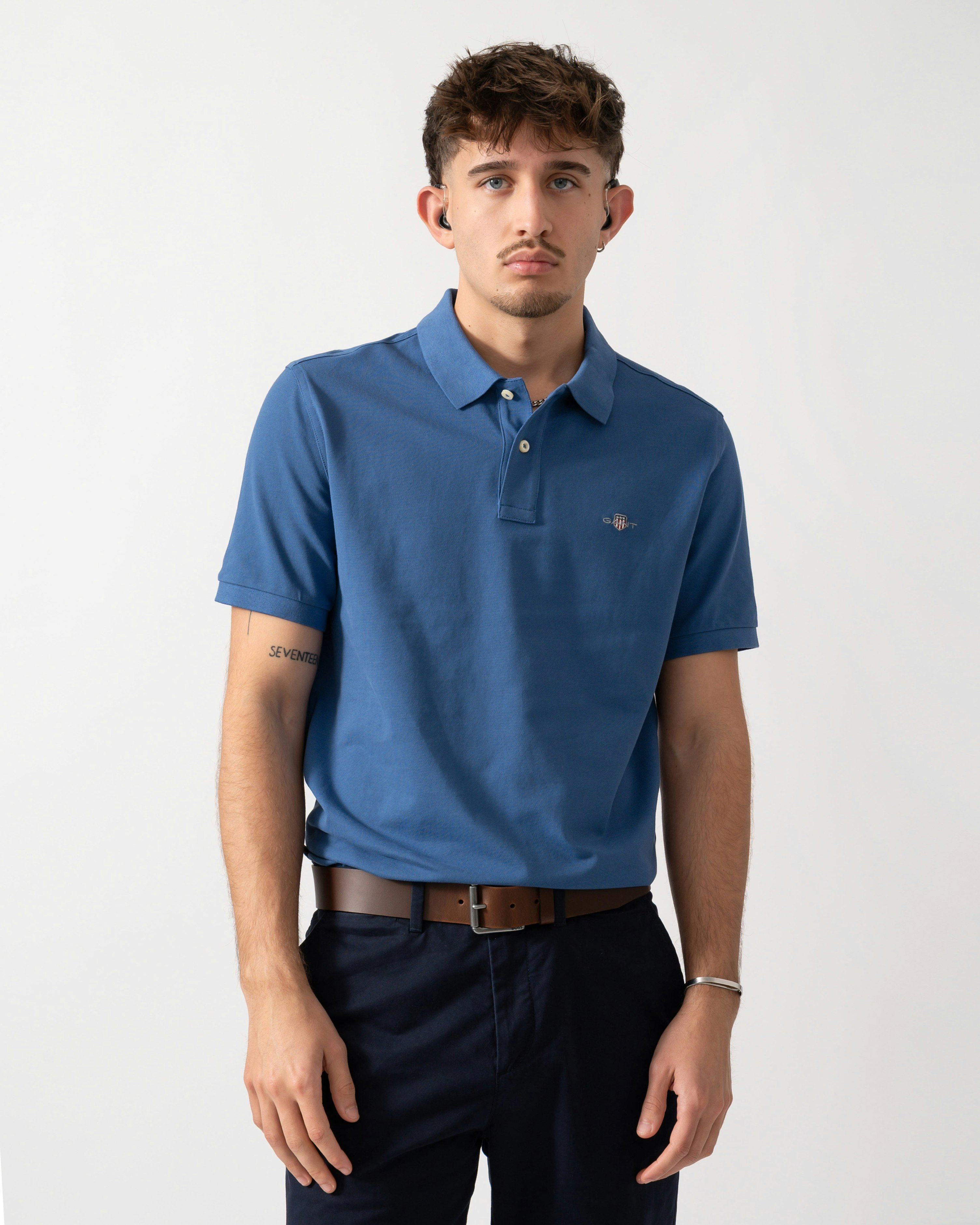 Gant Men's Blue Regular Fit Short Sleeve Shield Logo Pique Polo - 442 Vintage - 442 Vintage - M