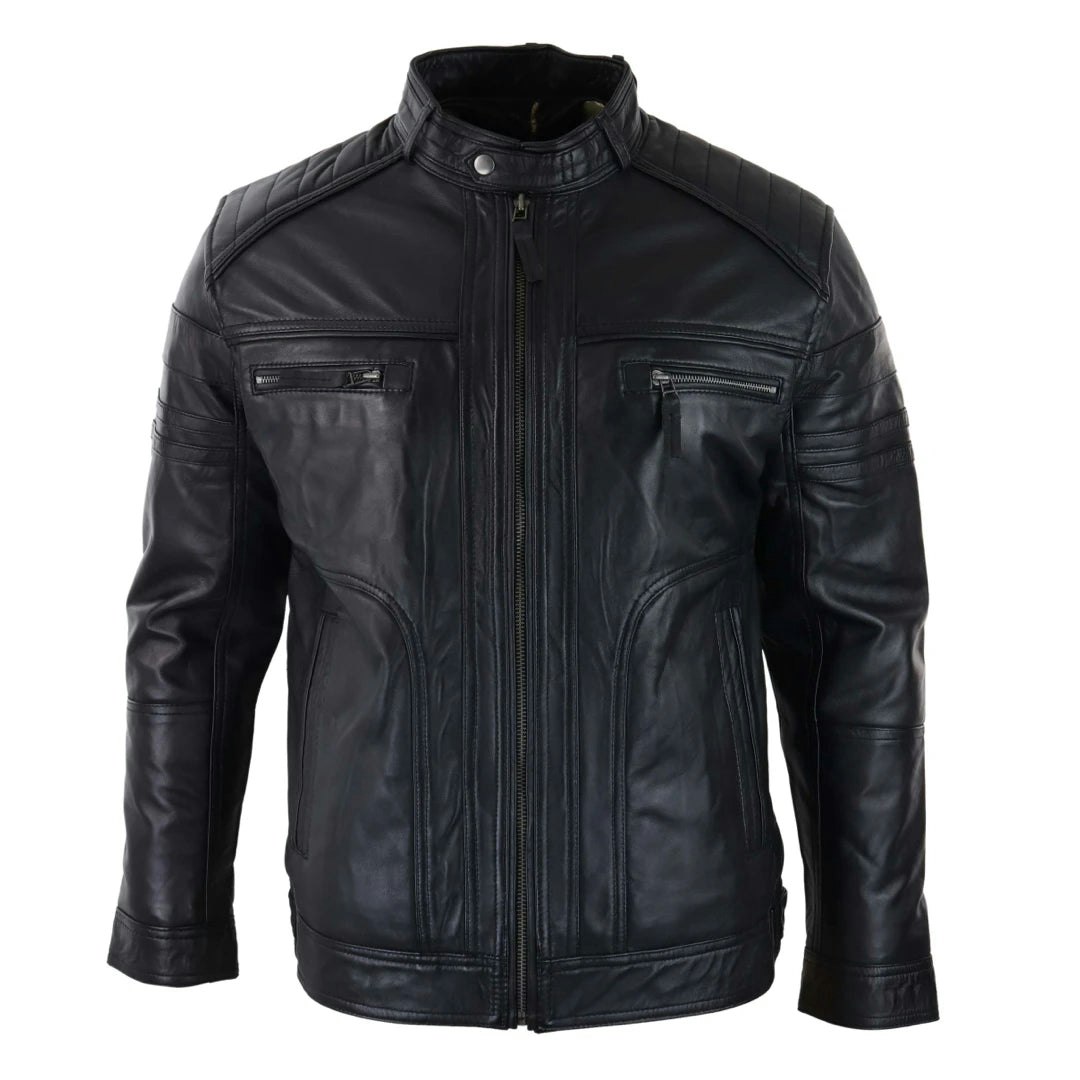 Infinity Leather Men's Black/Brown Leather Company Biker Leather Jacket Distressed Zipped - Small