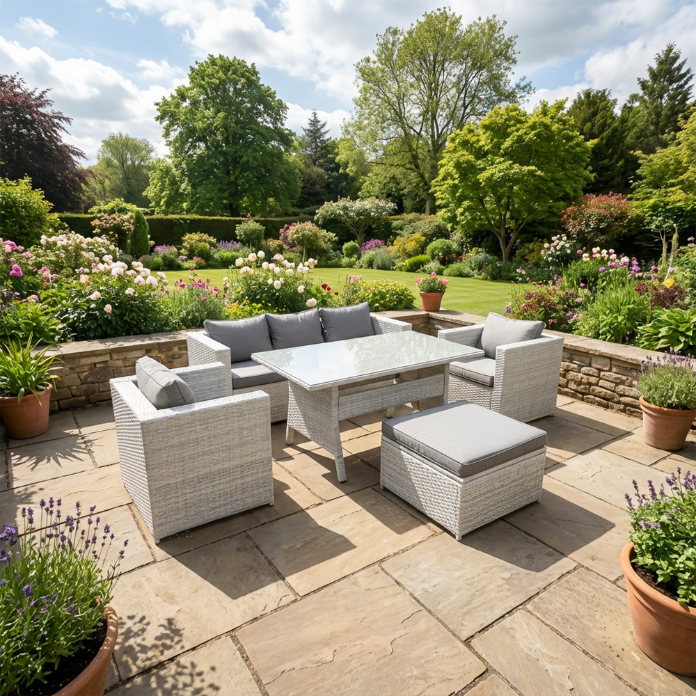 Fimous Light/Grey 5 Seater Rattan Outdoor Furniture Set With Sofa, Dining Table, 2 Chairs, Large Footstool