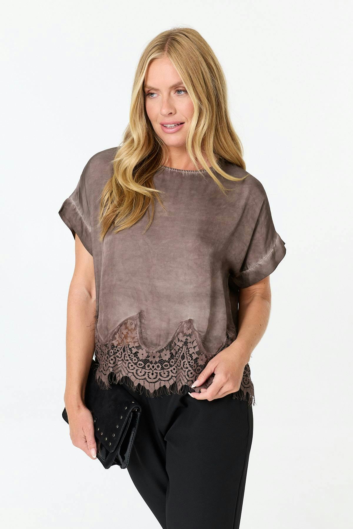 Izabel London Brown Lace Trim Relaxed Cap Sleeve Top - S/M