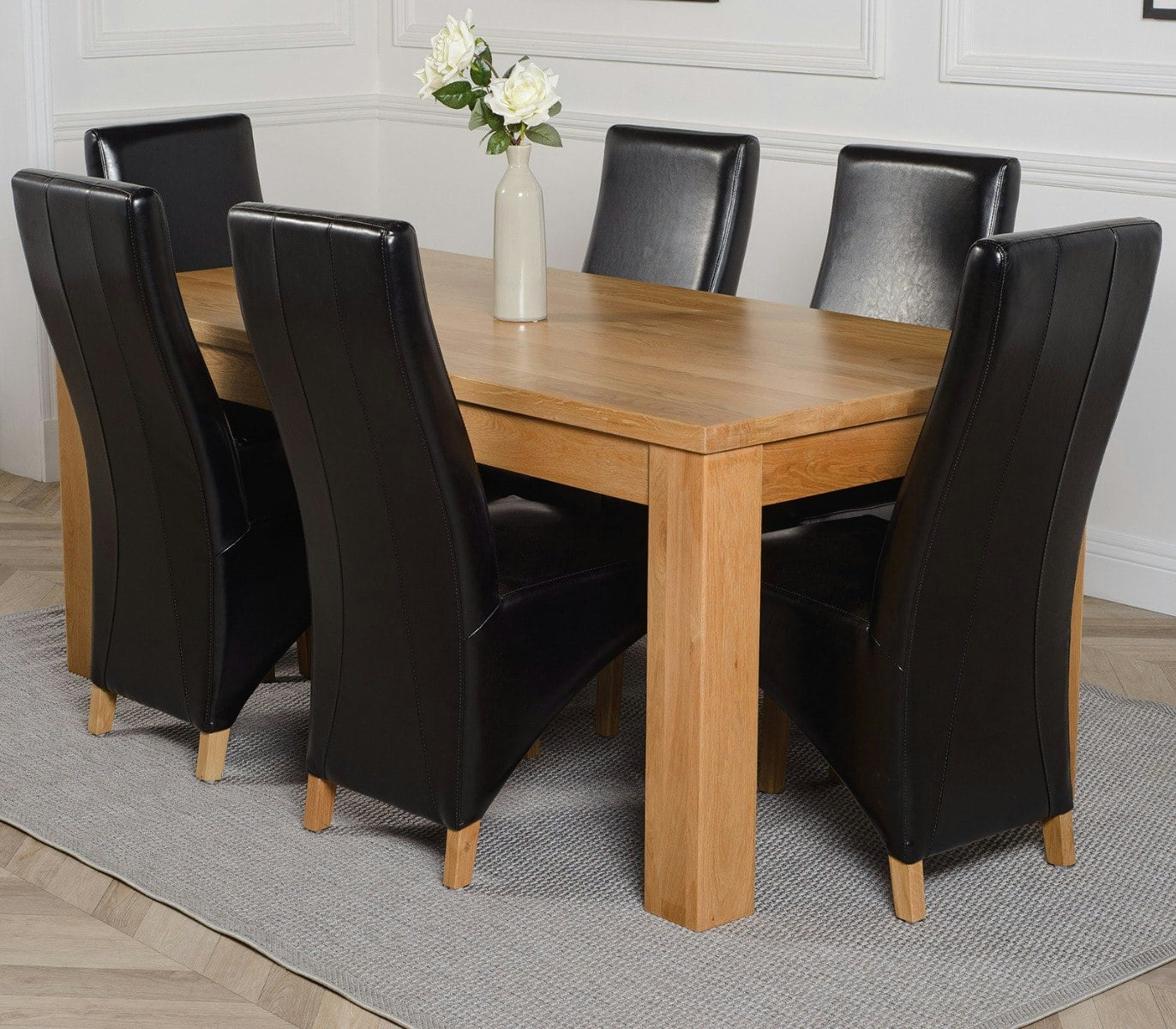 Rackhams Black Dakota Large Oak Dining Table With Lola Leather Chairs - 6 Chairs