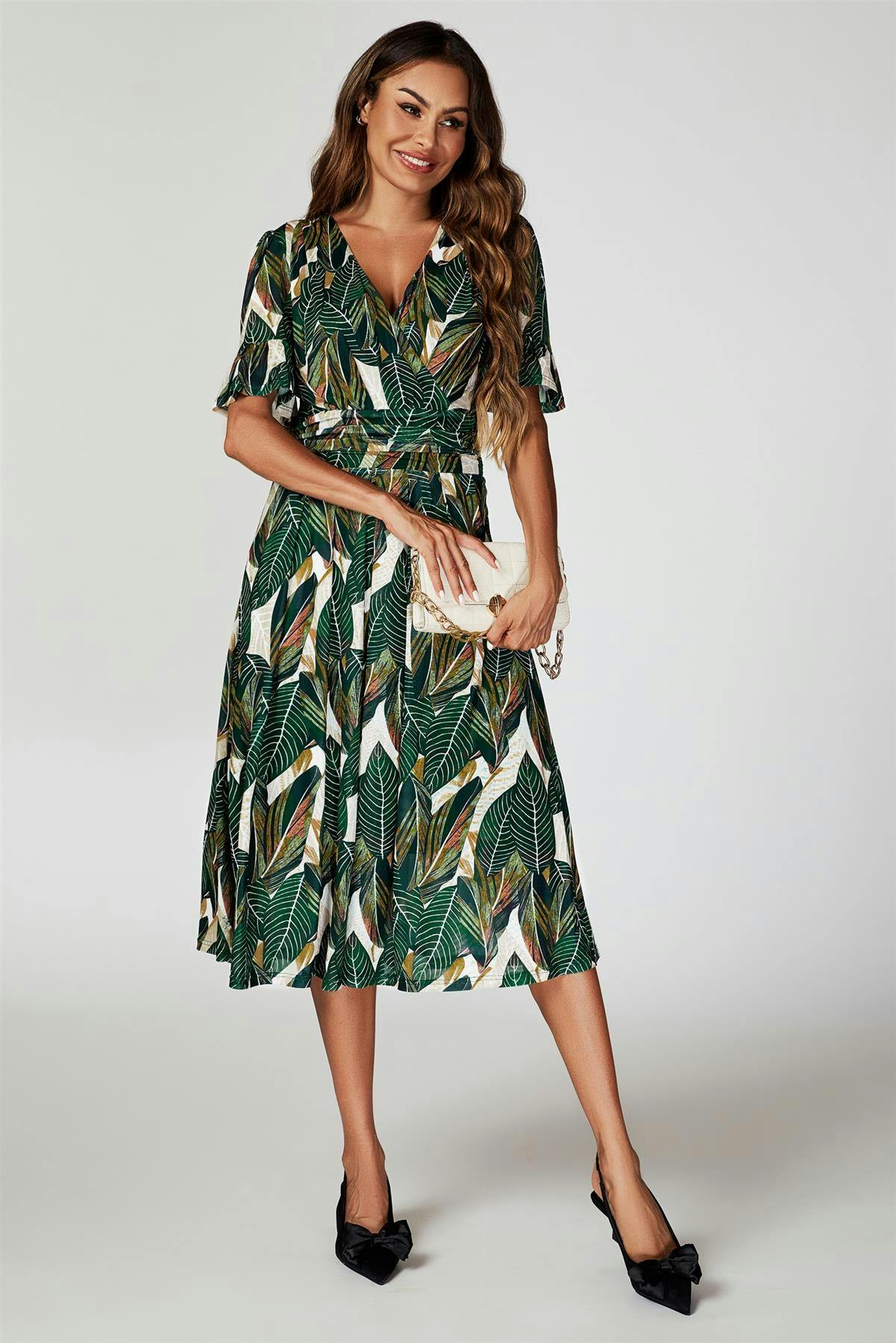 Fs Collection Green Leaf Print Mesh Midi Dress In - M