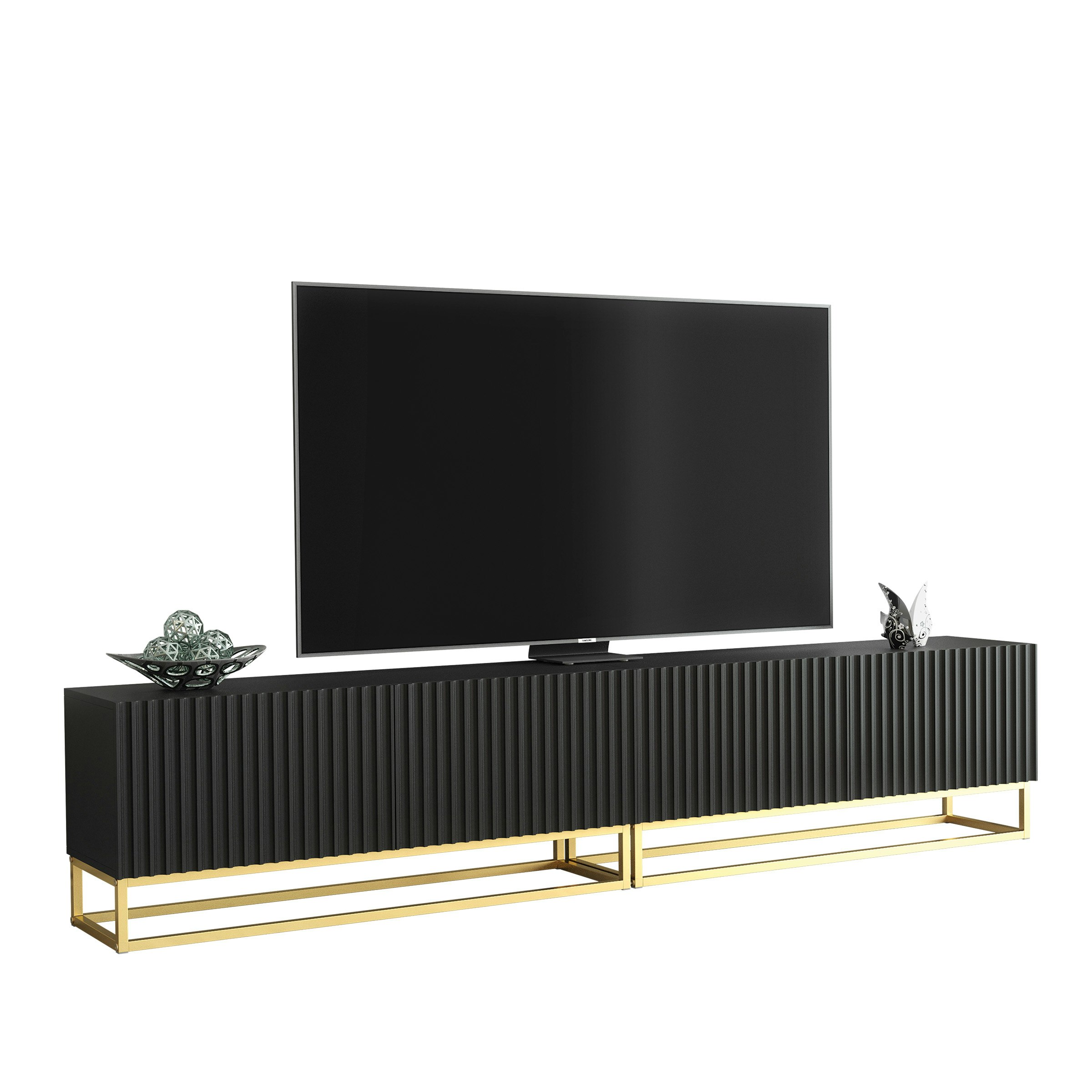 Mex Furniture Black/Gold Modular Tv Unit With Base 200Cm – Fluted Fronts & Push-Down Doors - 200Cm - 1 - Mdf/Chipboard