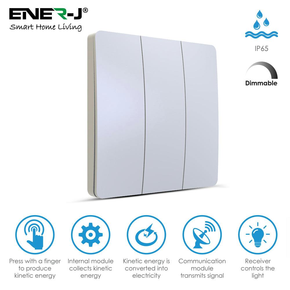 Ener-J Light/White 3-Gang Wireless Kinetic Switch, Self-Powered, Ip65 Waterproof (Pro Series)
