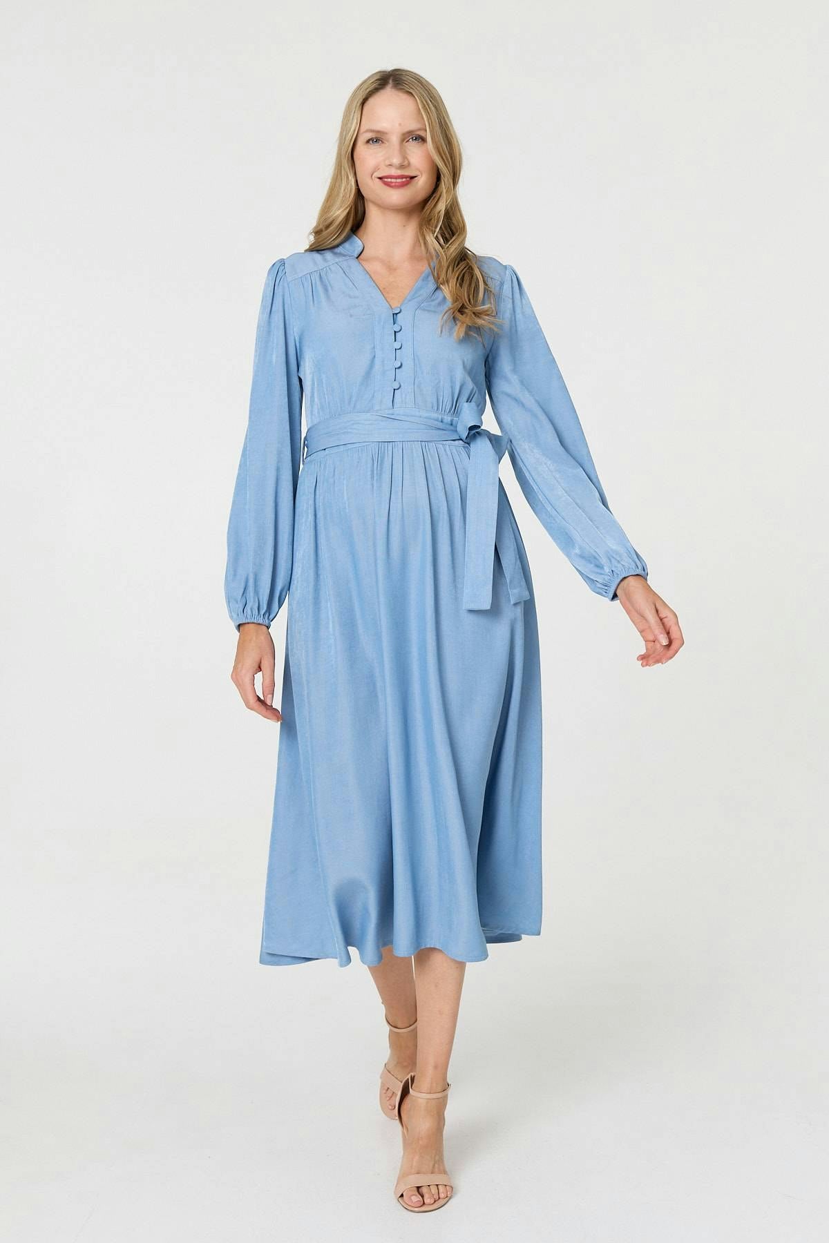 Izabel London Blue Long Sleeve Empire Tie Waist Midi Dress - 16