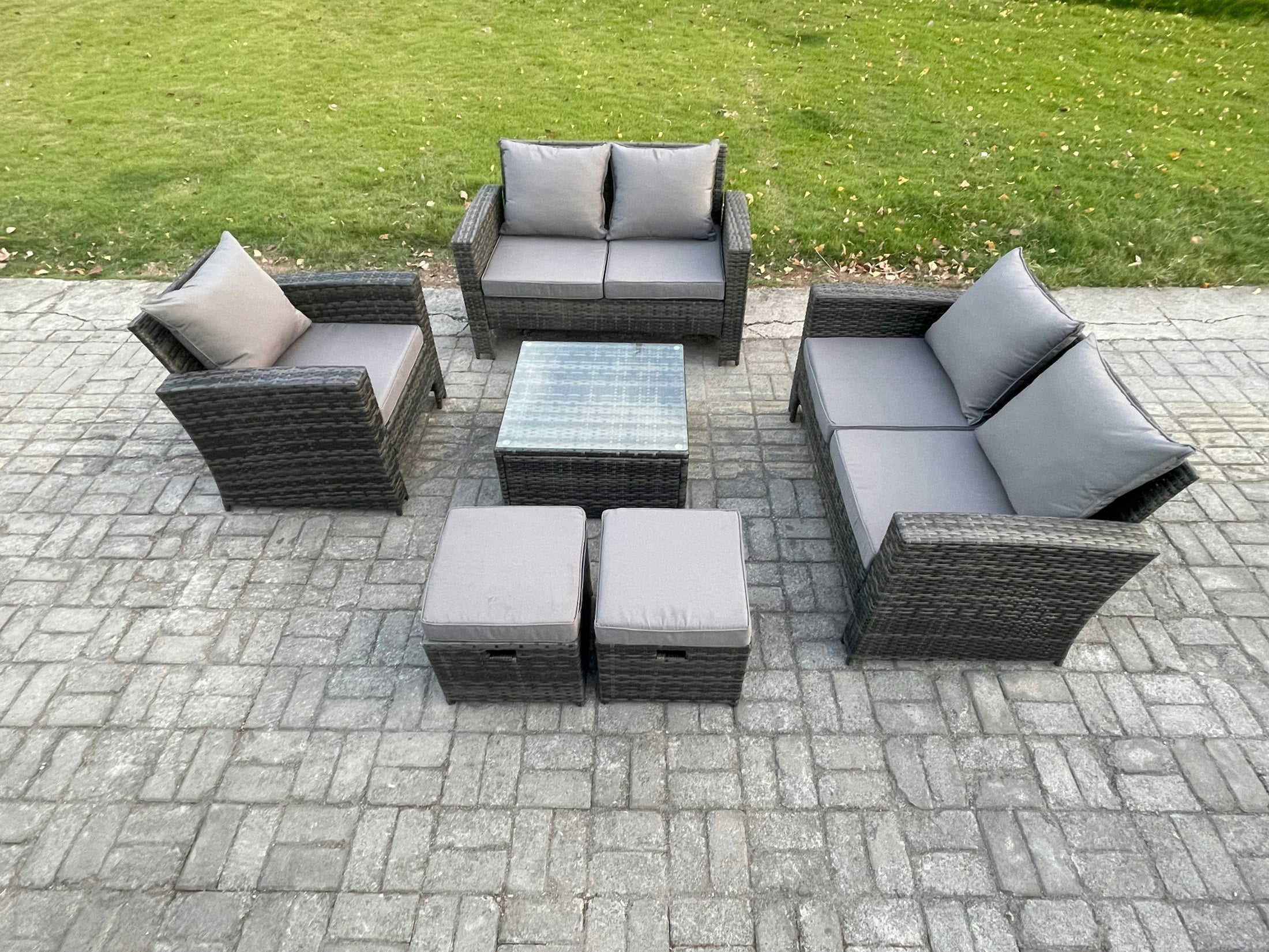 Fimous Dark/Grey 7 Seater Outdoor Rattan Garden Furniture Set Conservatory Patio Sofa Coffee Table Set With Chair 2 Small Footstools Mixed