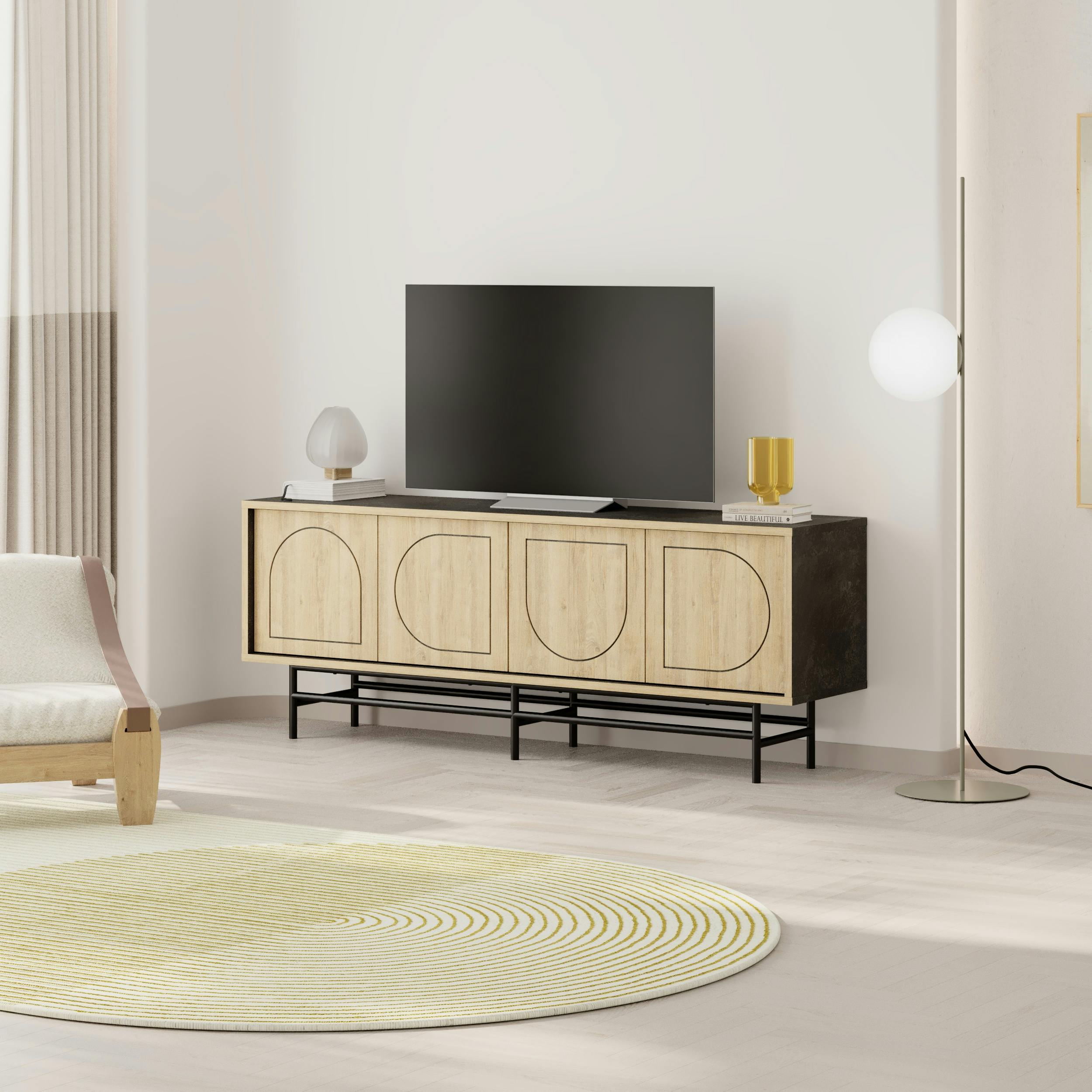 Decortie Green Modern Tv Stand & Cabinet With 4 Doors, Laser-Cut Design, Fits Up To 58-Inch Tvs, Soft-Close Metal Legs, Oak-Moss - Oak Moss