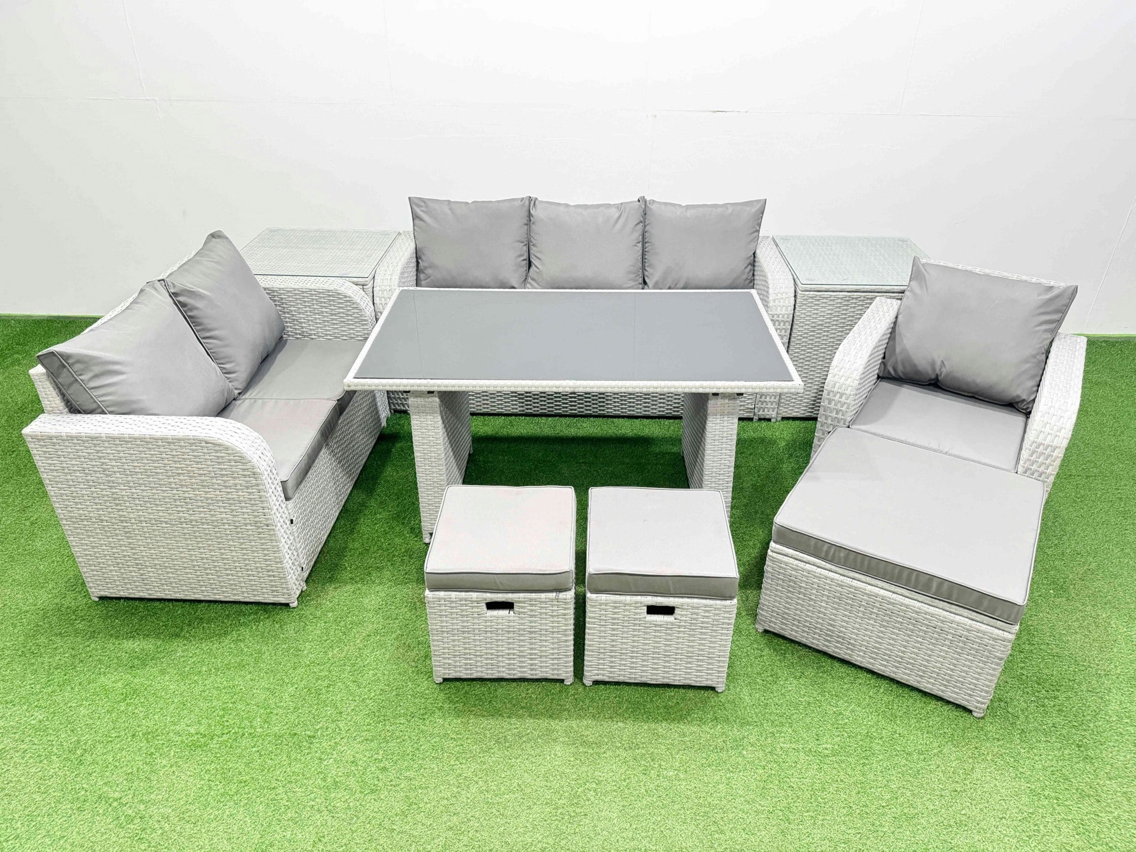 Rackhams Light/Grey Rattan Outdoor Table Reclining Chair Sofa Set With 2 Side Tables 3 Stools 9 Seater