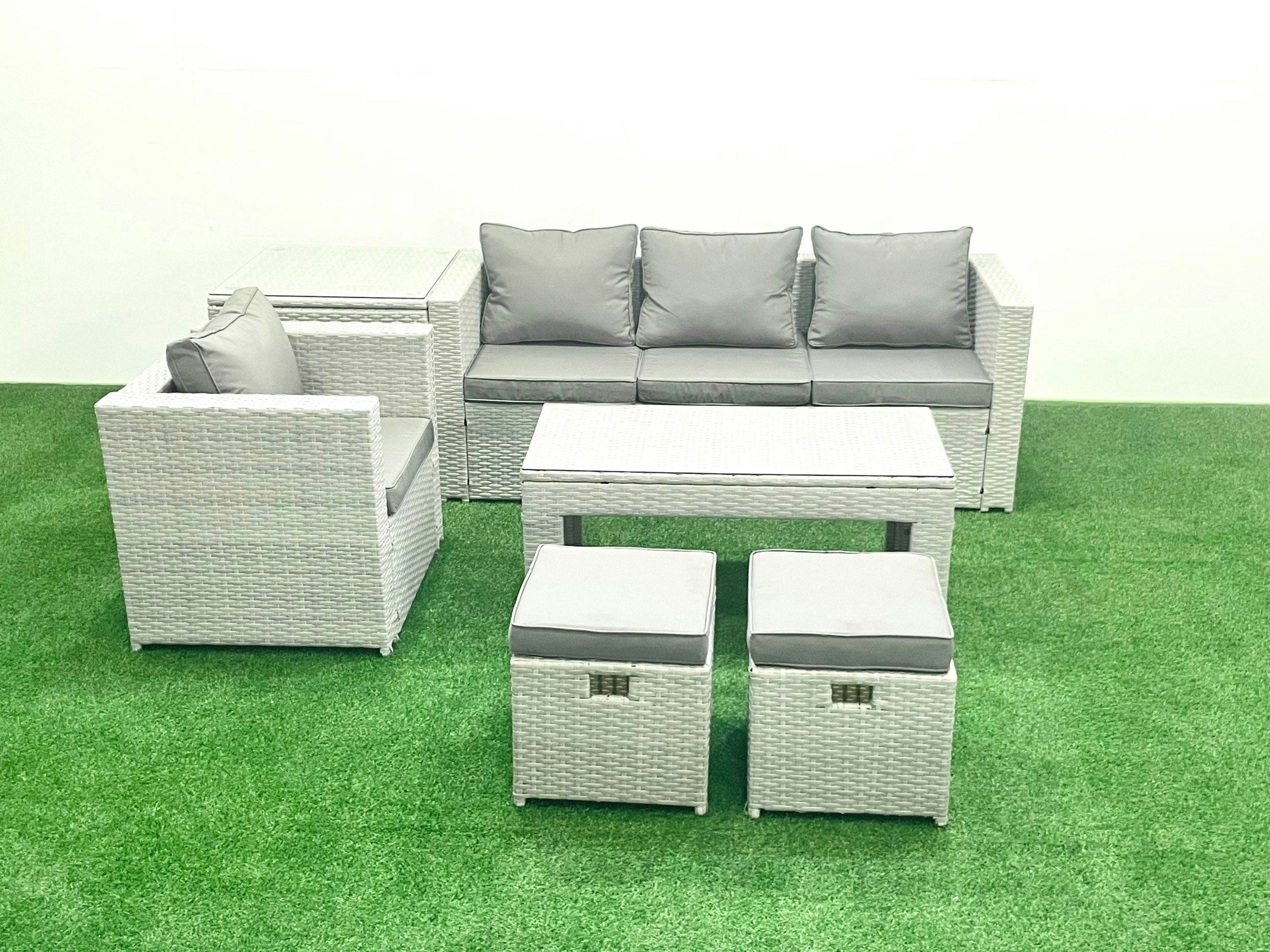 Rackhams Light/Grey Rattan Garden Furniture Set Outdoor Lounger Sofa With Coffee Table 2 Small Footstools Mixed 6 Seater