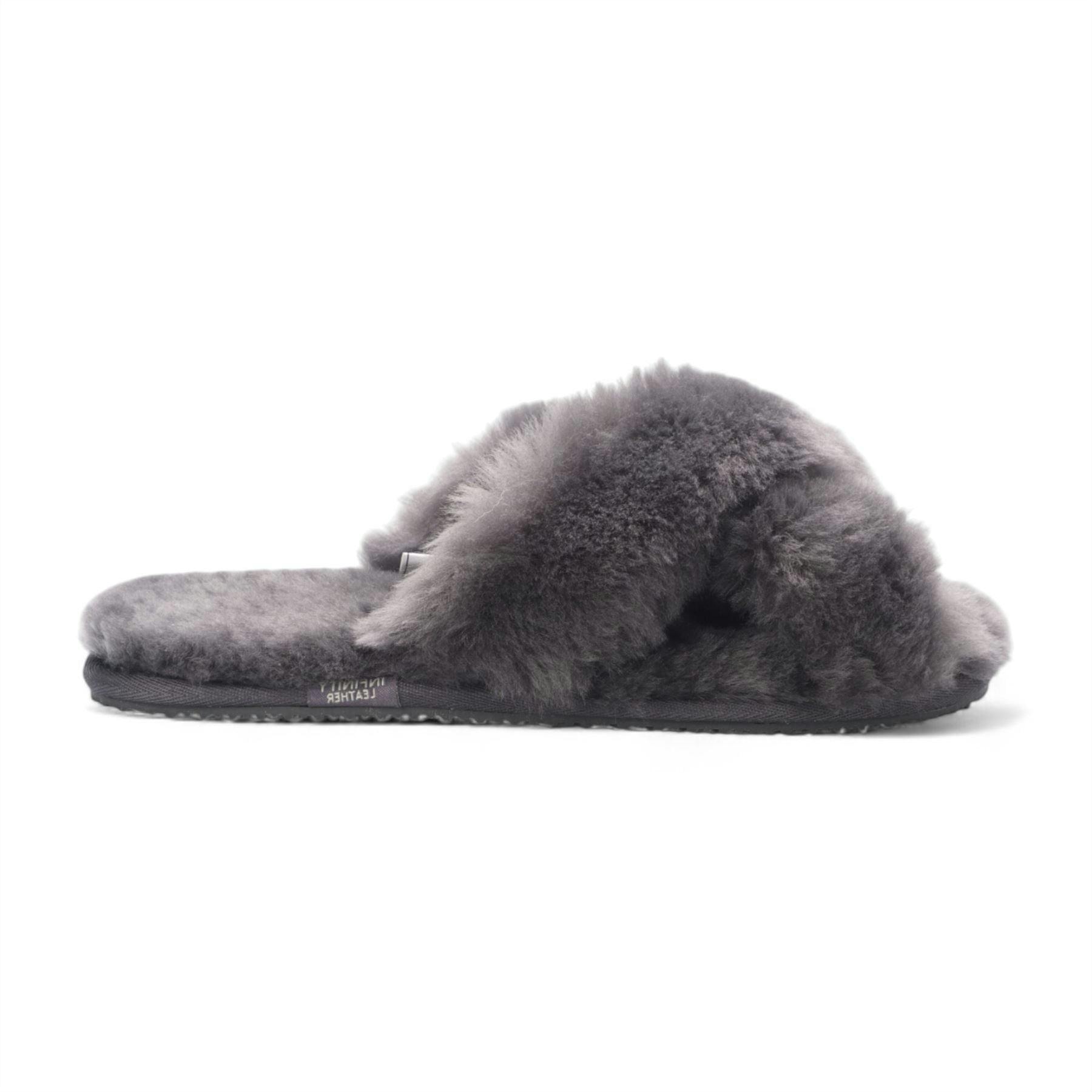 Infinity Leather Women's Grey Sheepskin Slippers Warm Winter Fur Crossover - Snowbelle - Uk 7 | Eu 40 | Us 9
