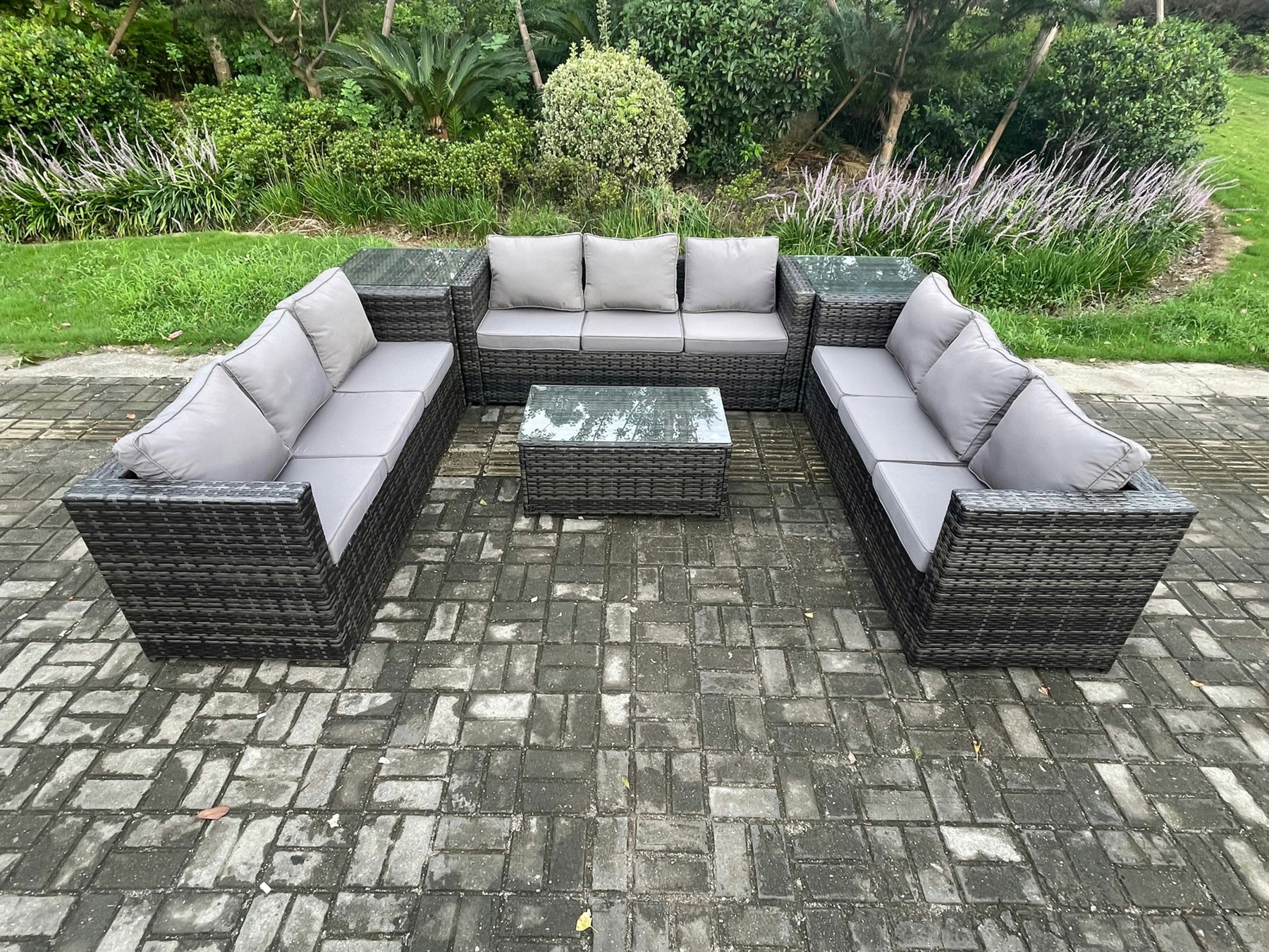 Rackhams Dark/Grey 9 Seater Outdoor Lounge Sofa Set Wicker Pe Rattan Garden Furniture Set With Oblong Coffee Table 2 Side Tables Mixed