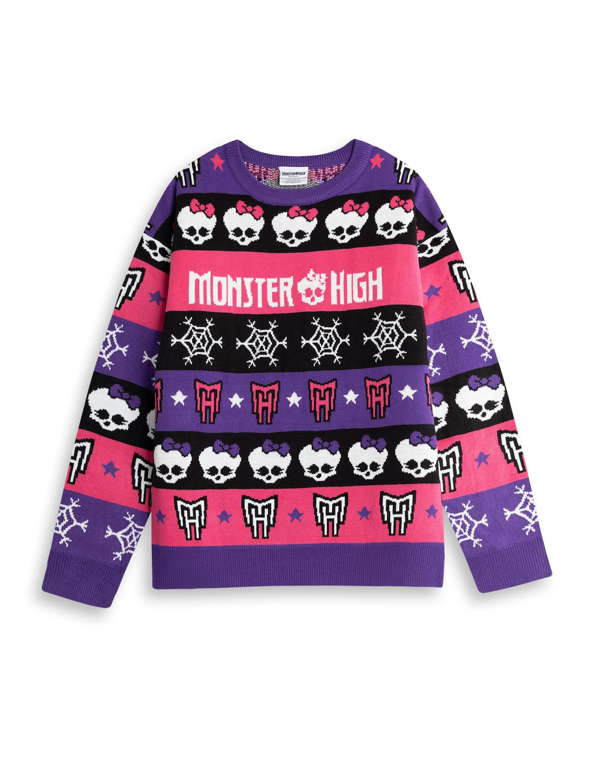 Vanilla Underground Women's Purple/Pink/Black Monster High Multicoloured Skull & Snowflake Fairisle Christmas Jumper - Medium
