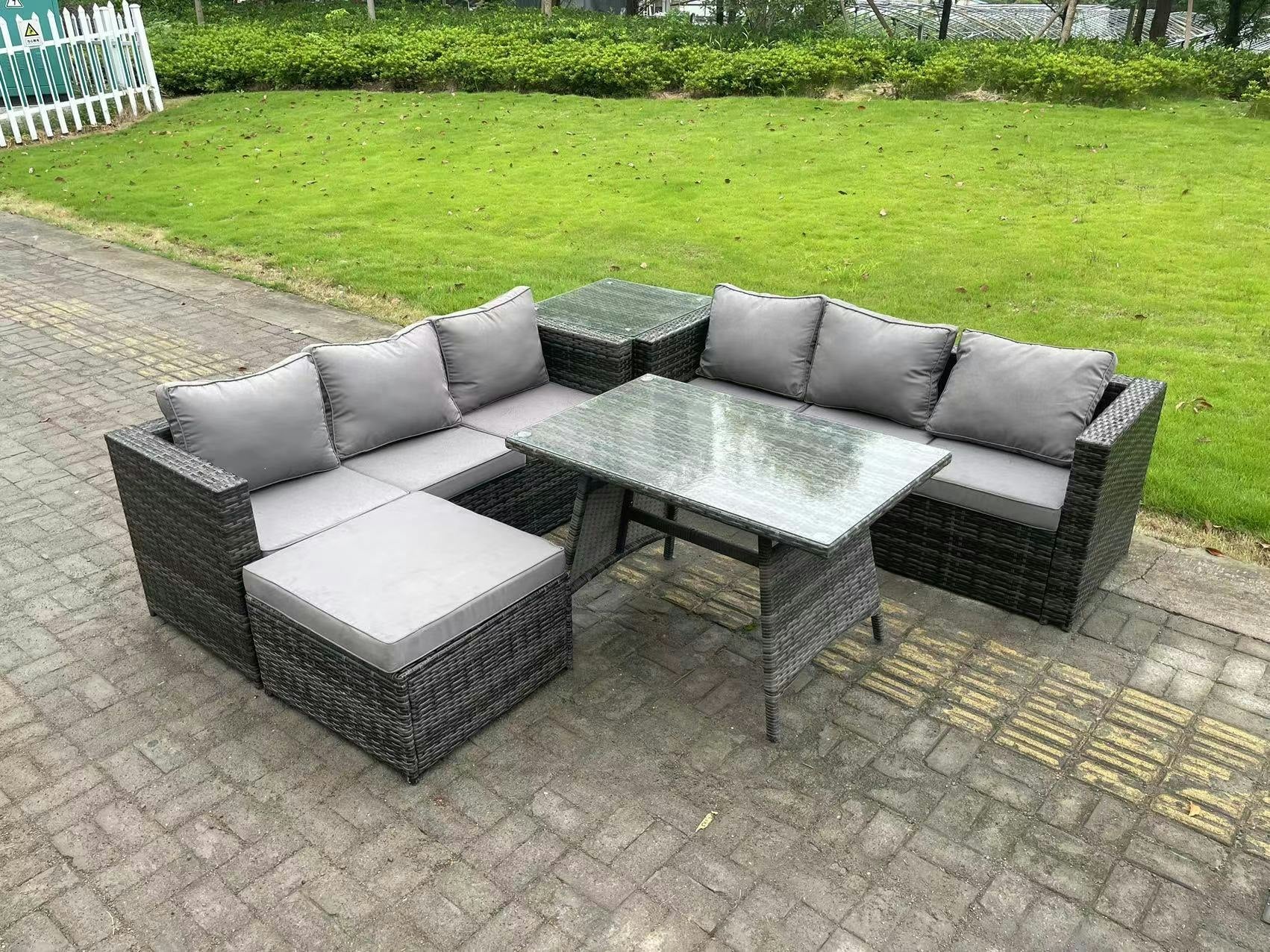Fimous Dark/Grey 7 Seater Rattan Garden Dining Set Outdoor Furniture Sofa With Dining Table Big Footstool Side Table Mixed