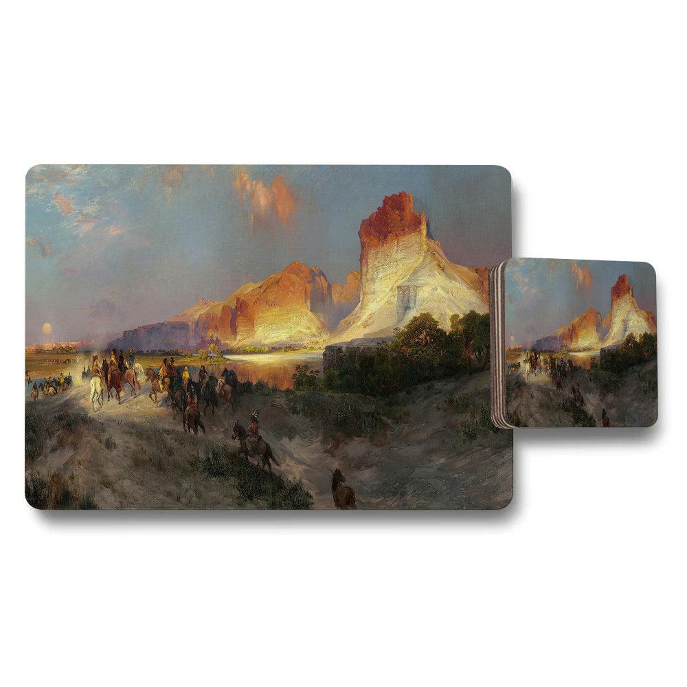 Benjamin Tate Design Golden/Light Western Landscape Placemat And Coaster Set With Canyon Sunset