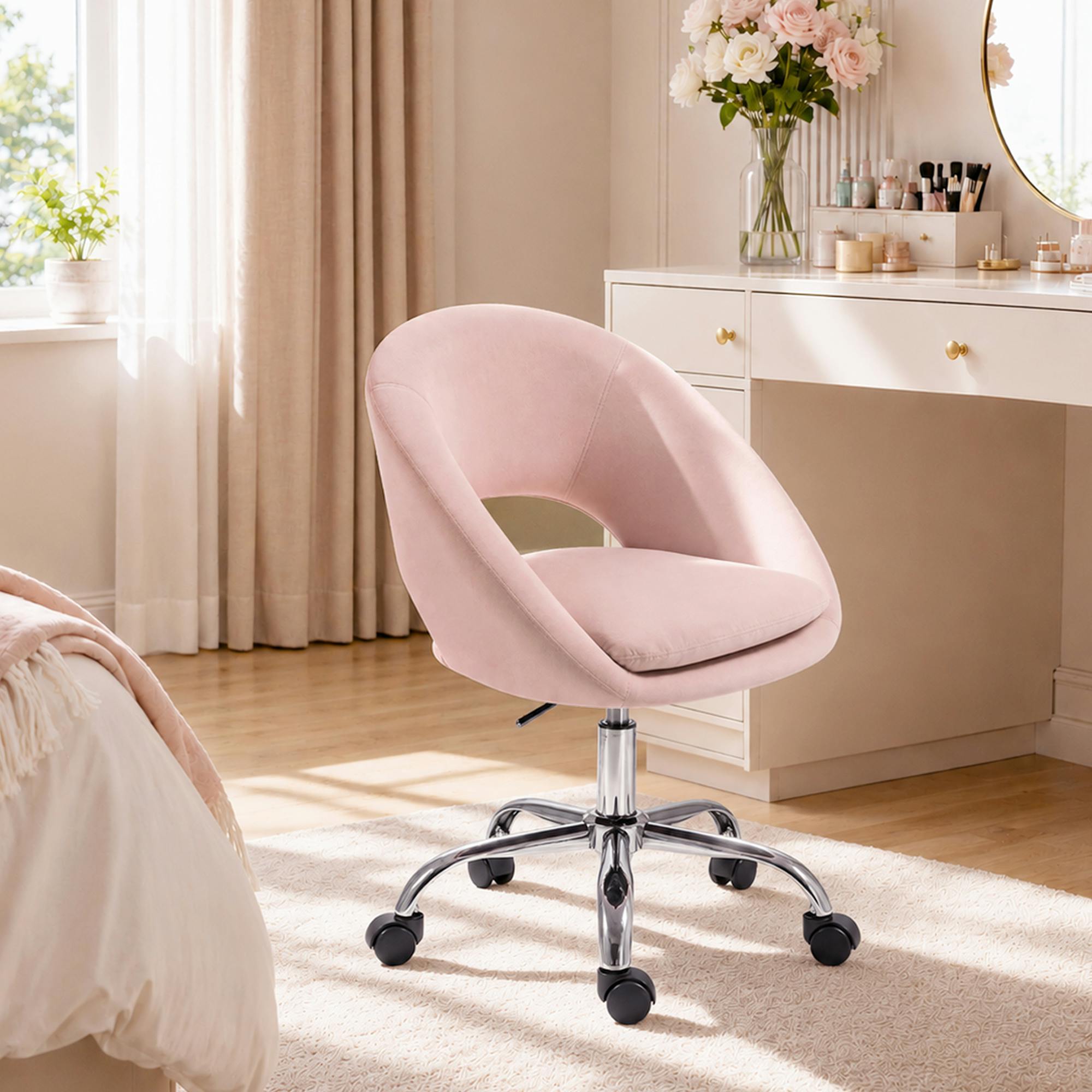 HOMCOM Velvet Desk Chair with Height-Adjustable, Wheels, Pink - Image 2