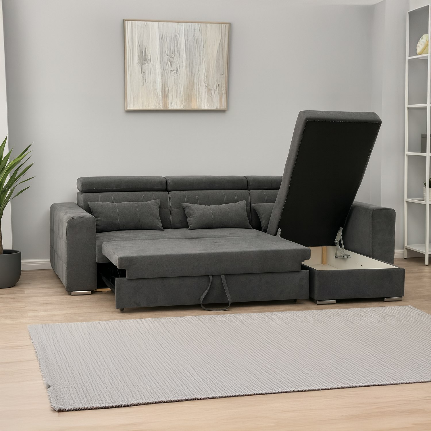 Rackhams Grey Miami Fabric Reversible Corner Sofa Bed With Storage And Headrests