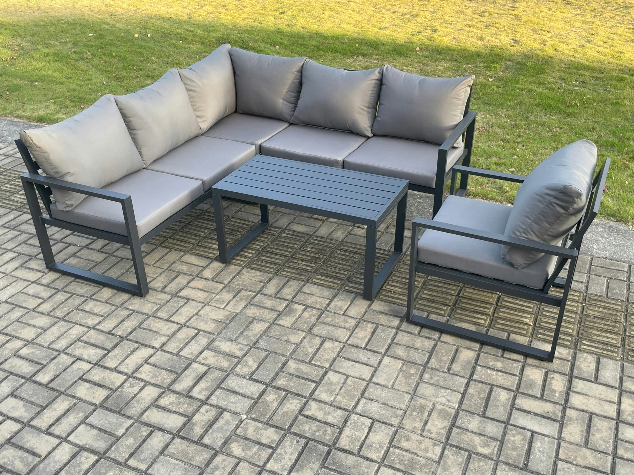 Rackhams Dark/Grey Aluminium Outdoor Garden Furniture Set Lounge Sofa Oblong Coffee Table Sets With Chair Indoor Conservatory Set