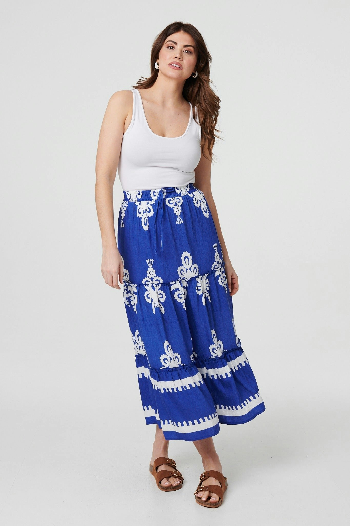 Izabel London Blue Ikat Print Tiered High Waist Midi Skirt - 14