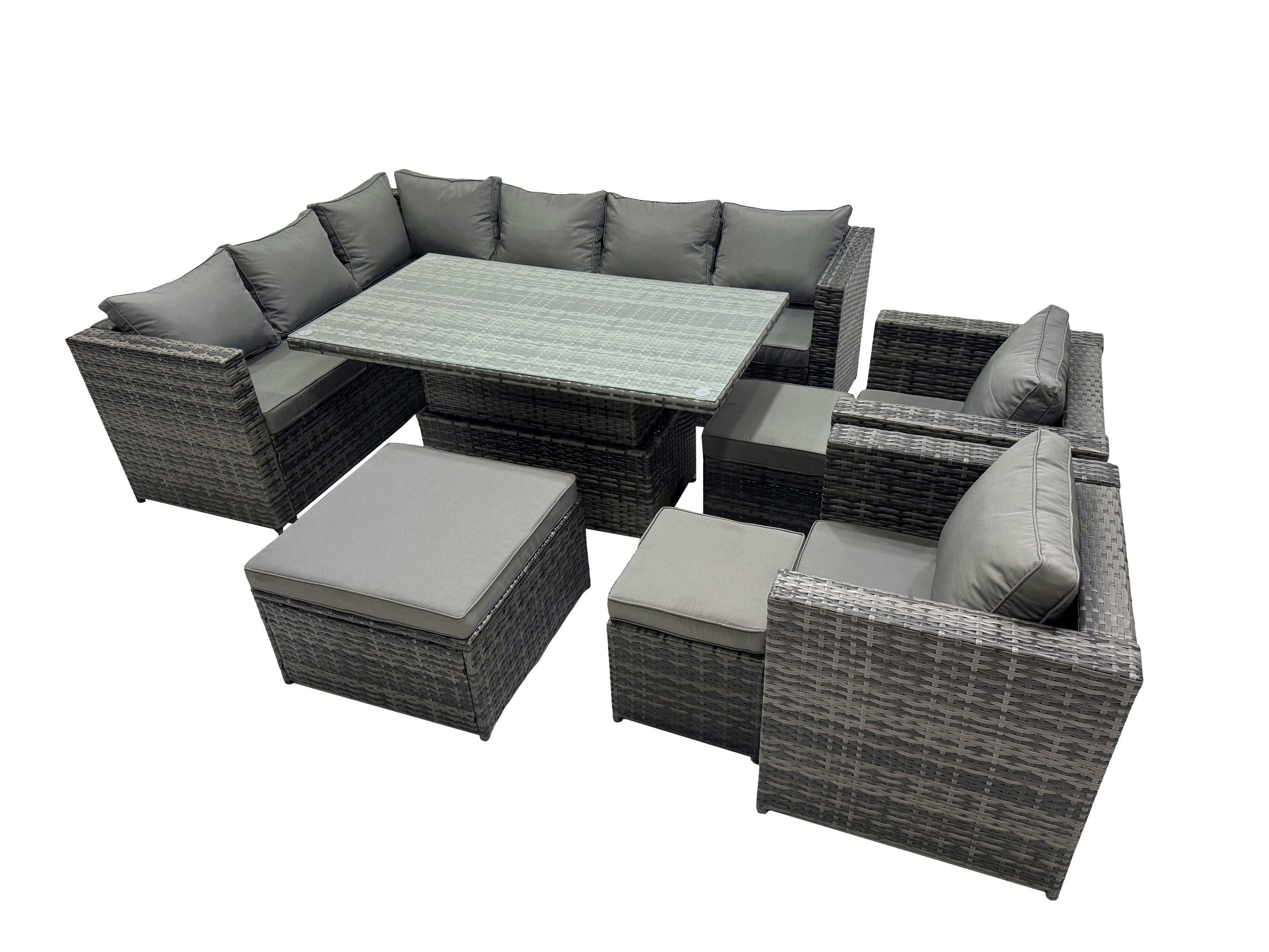 Fimous Dark/Grey 11 Seater Height Adjustable Rising Lifting Table Corner Sofa Set Rattan Garden Furniture Dining Set With 3 Stool Mixed