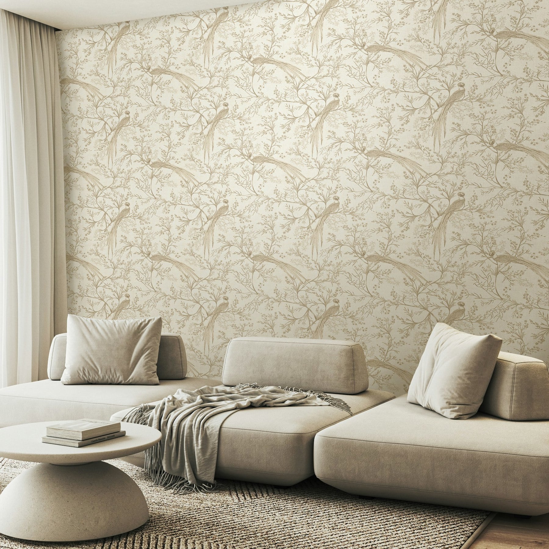 Hoopla Walls Bird Toile - Stone 10M Wallpaper