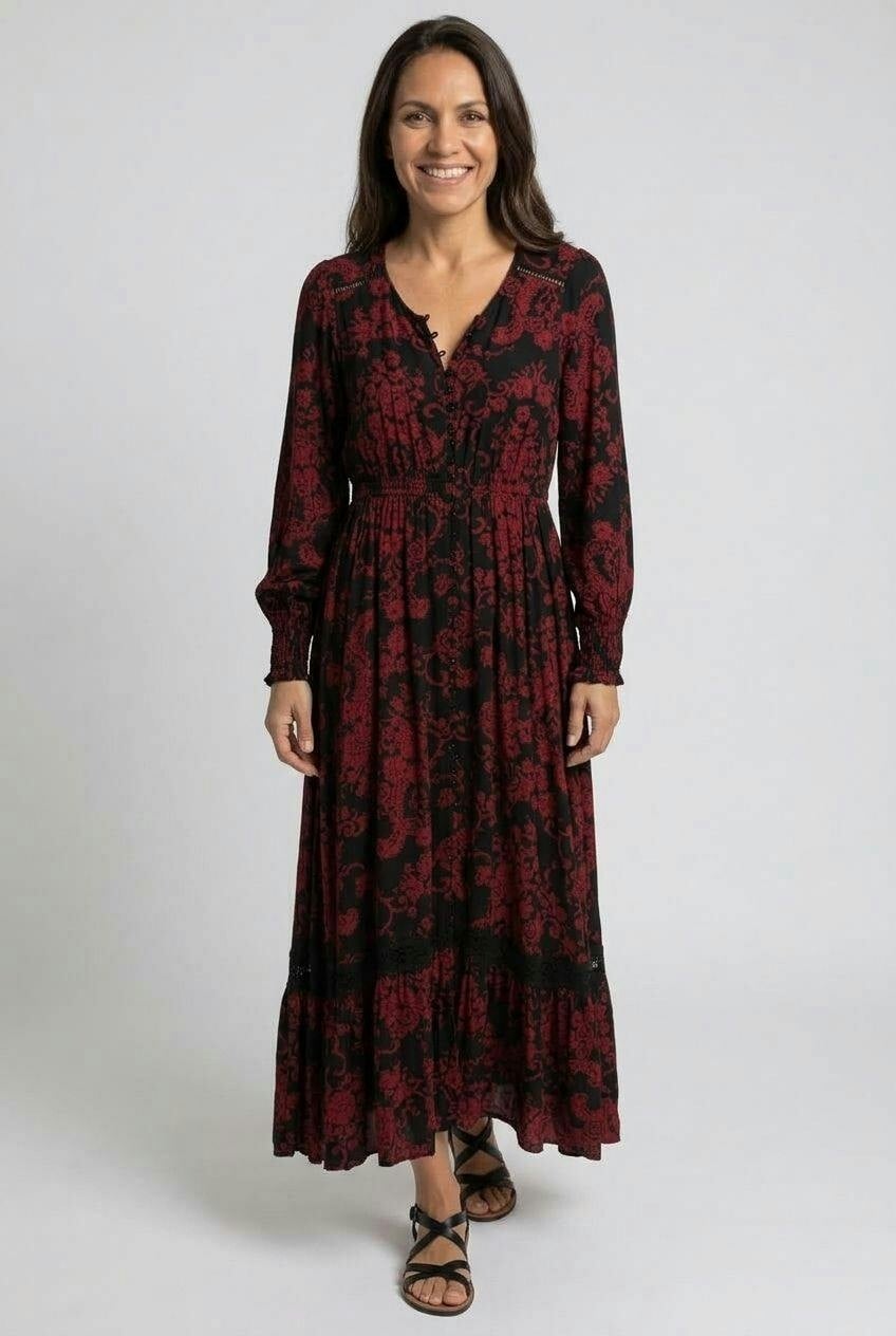 Izabel London Black Printed Long Sleeve Relaxed Maxi Dress - 8