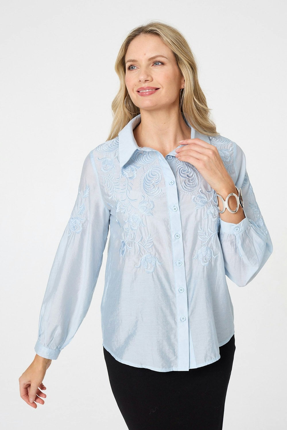 Izabel London Blue Embroidered Long Sleeve Shirt - 12