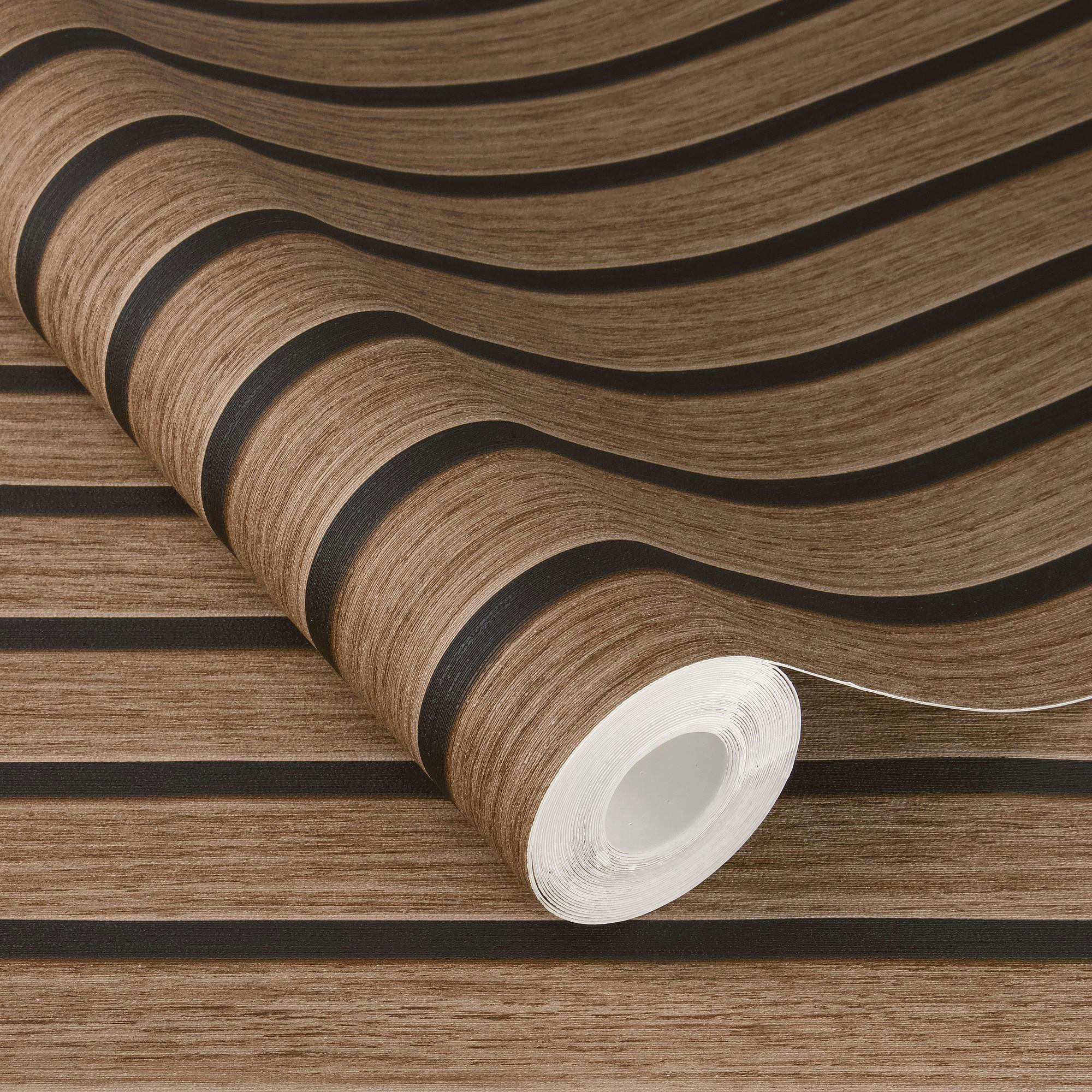 Rackhams Dark/Brown Echo 3D Wood Slat Effect Self Adhesive Peel And Stick Textured Wallpaper, Walnut