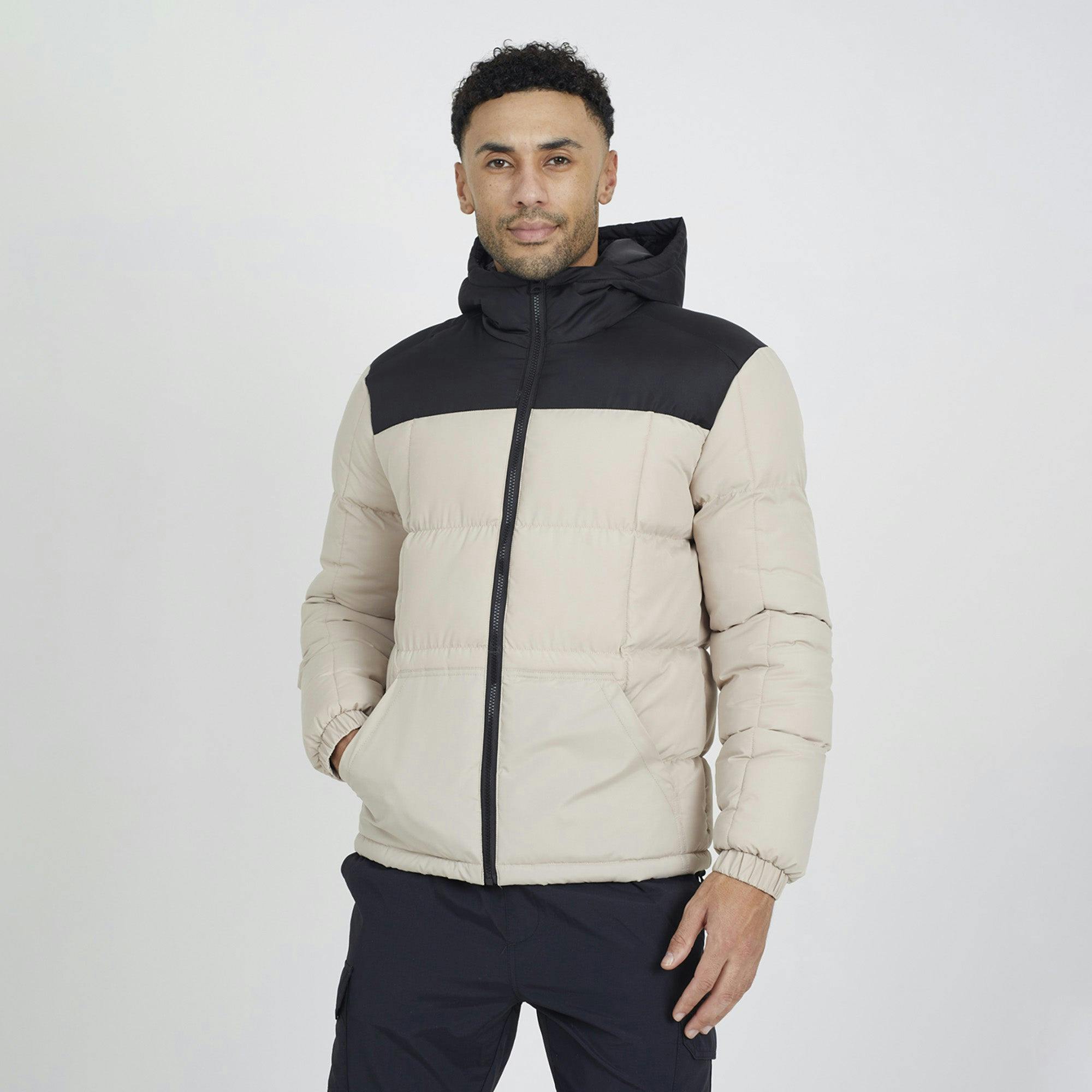 Brave Soul Colour Block Padded Hooded Jacket - Stone - Stone - Xl