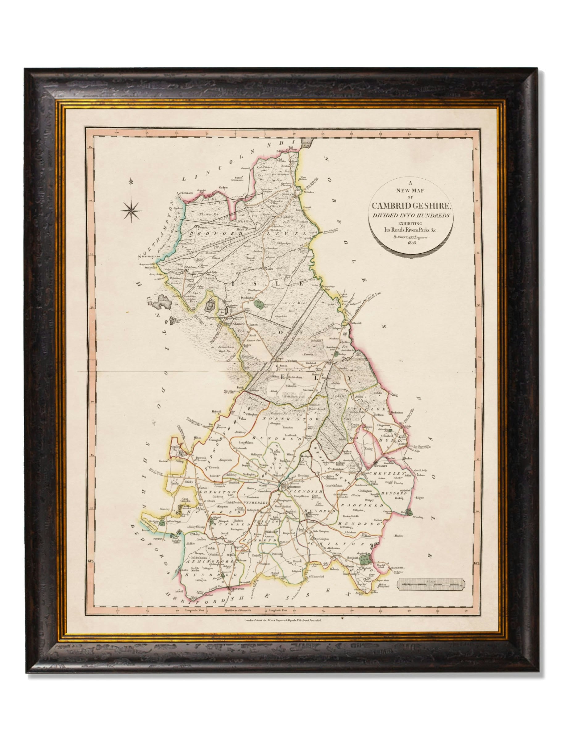 Rackhams Black C.1806 County Maps Of England - 84 X 70Cm - Cambridgeshire