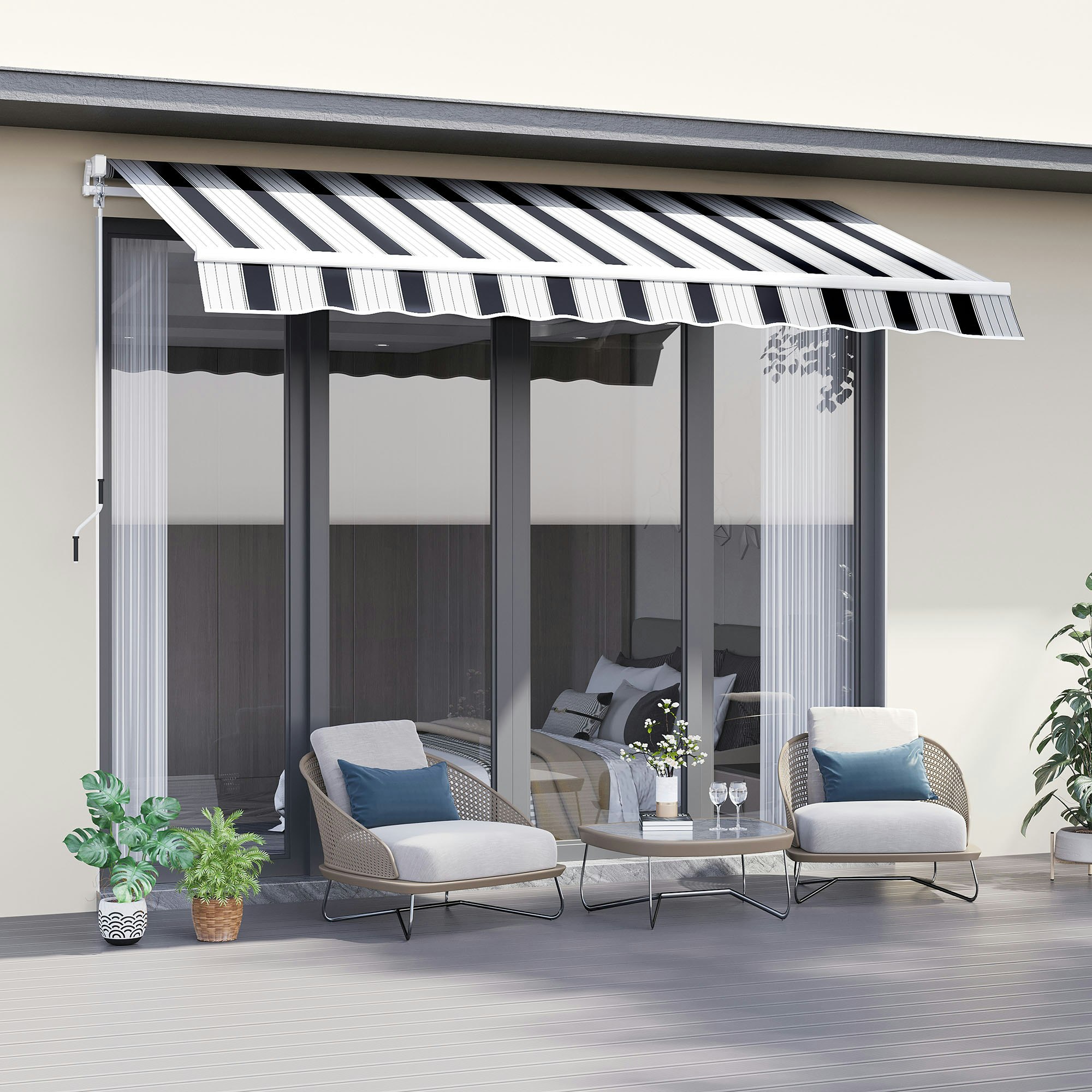 Rackhams Blue/White Garden Sun Shade Canopy Retractable Awning, 2.5 X 2M, And - 250Cm X 200Cm X 160Cm