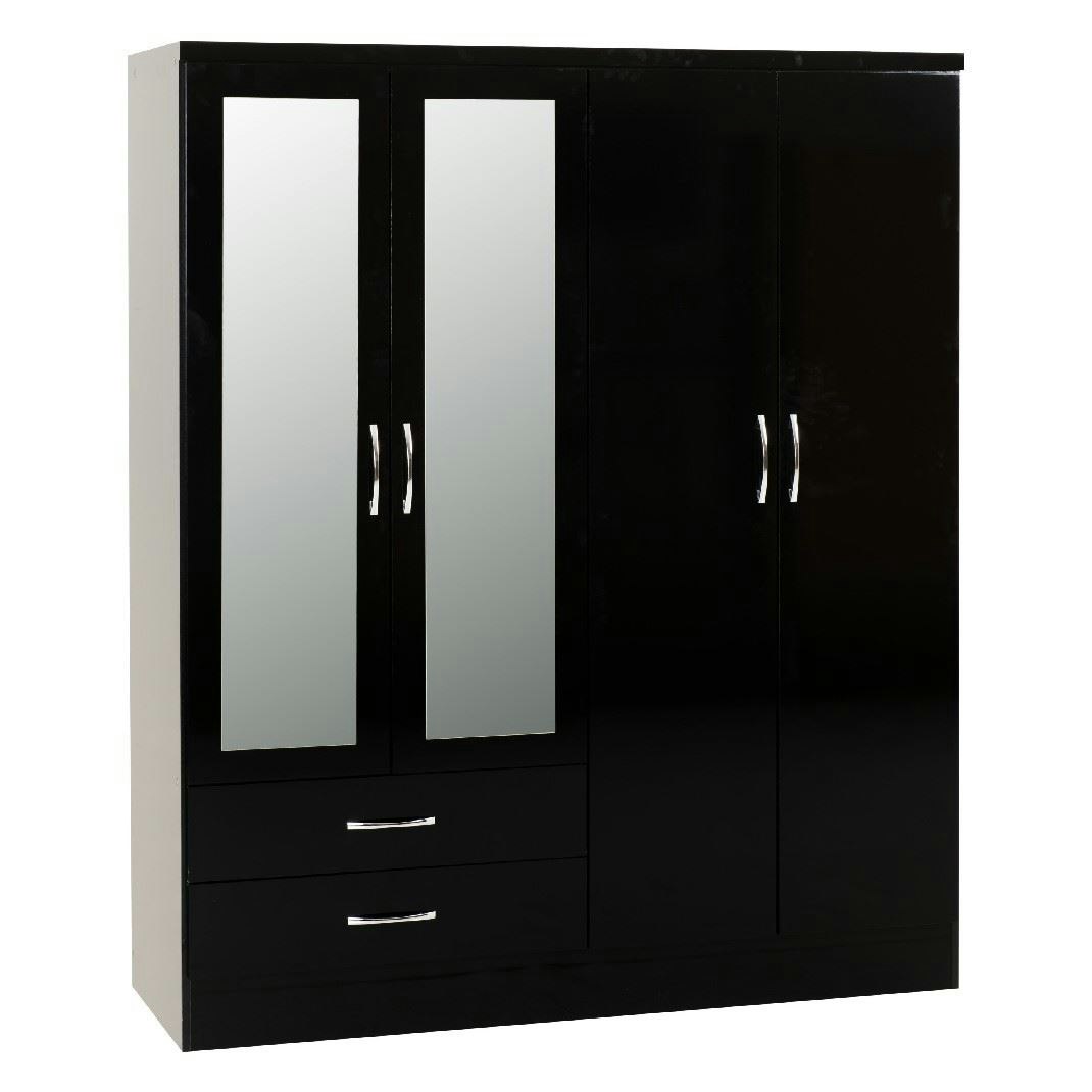 Seconique Black Nevada 4 Door 2 Drawer Mirrored Wardrobe - Gloss