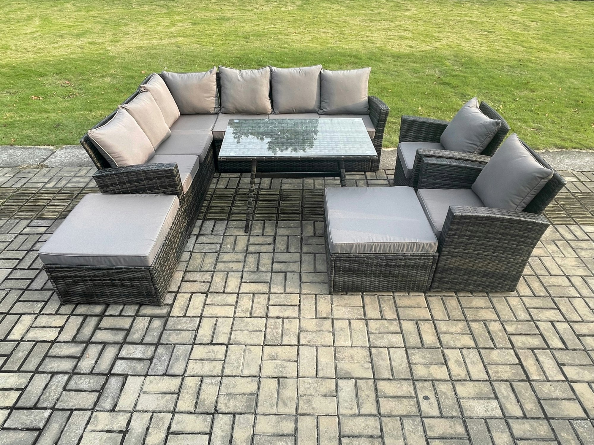 Rackhams Dark/Grey High Back Outdoor Garden Furniture Set Rattan Corner Sofa Dining Table Set With 2 Big Footstool 2 Armchairs Mixed