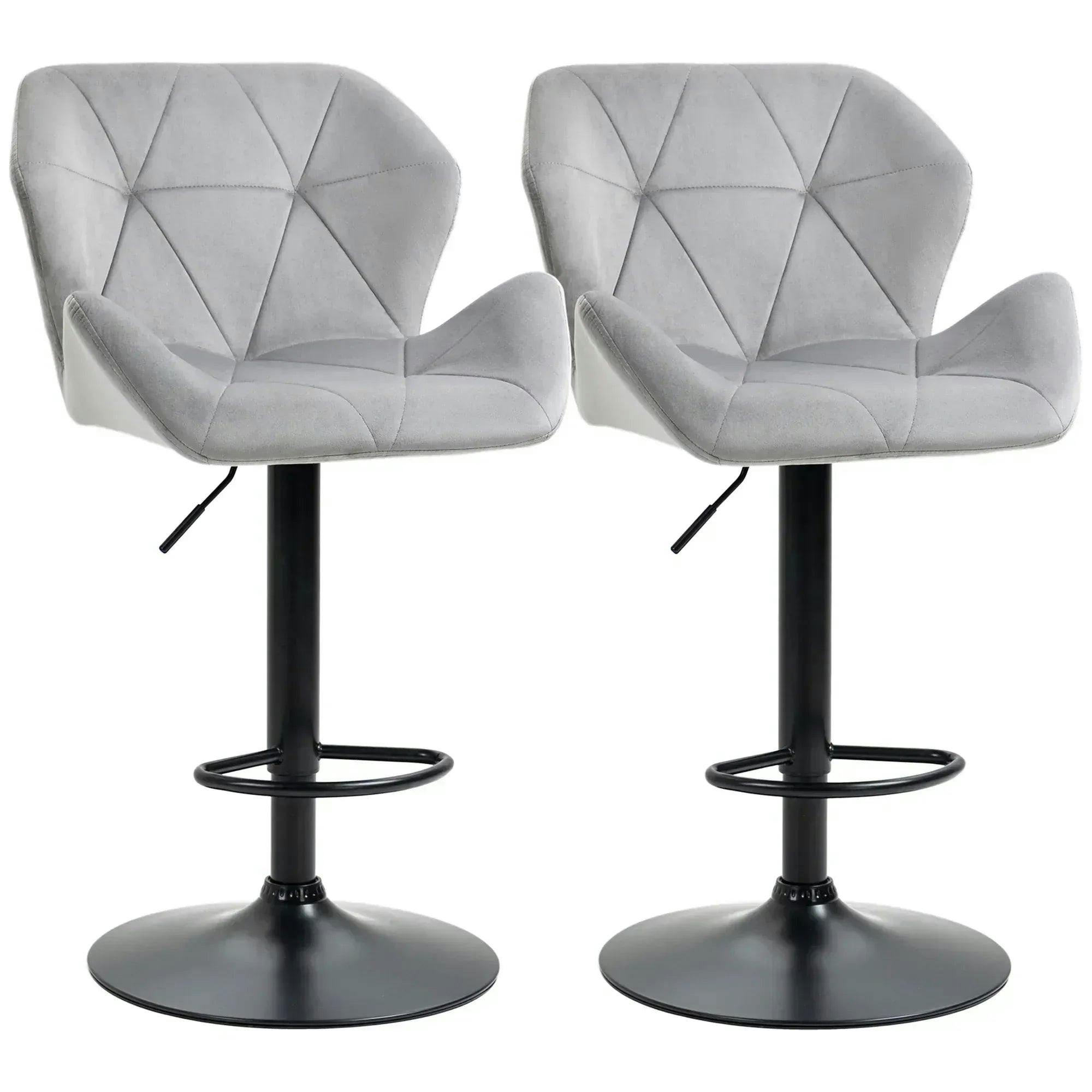 Bobobiy Grey Bar Stools Set Of 2, Luxurious Velvet-Touch Barstools With Metal Frame Footrest Round Base Triangle Indenting Moulded Seat,