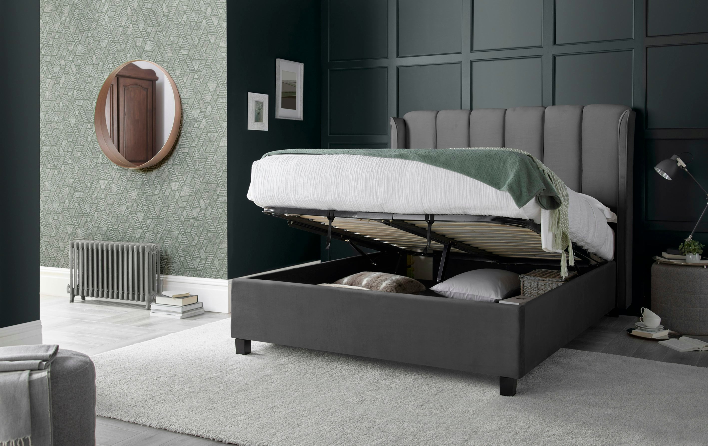 Rackhams Grey Aurora Velvet Ottoman Bed - King Size