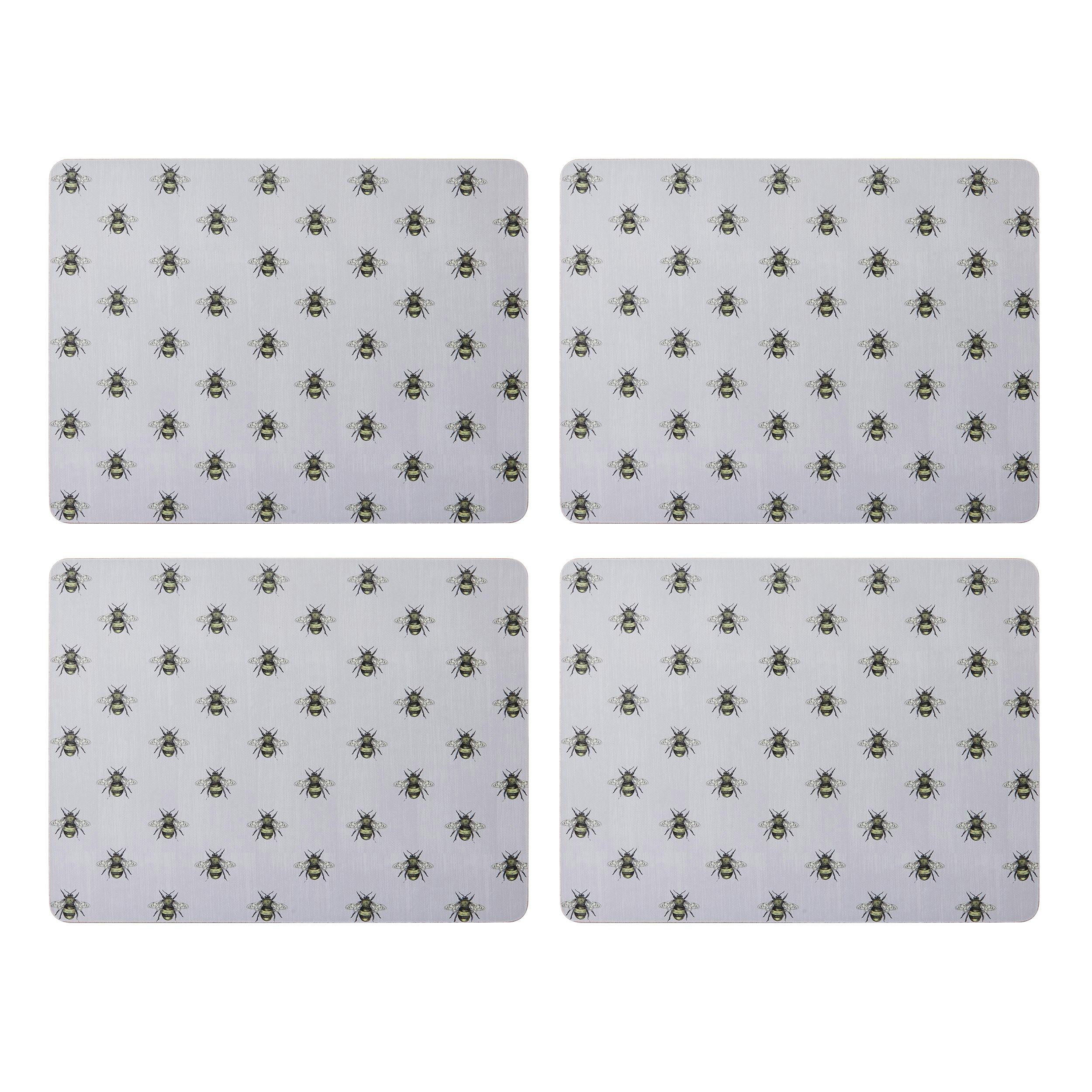 Rackhams Grey Set Of 4 Country Bee Placemats, Rectangle Cork Backed 30 X 22Cm - Cork - Placemats And Coasters