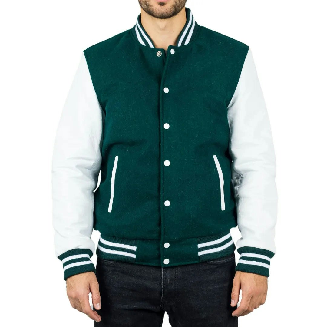 Infinity Leather Men's Green/White Leather Company Varsity Bomber Jacket - 5XL