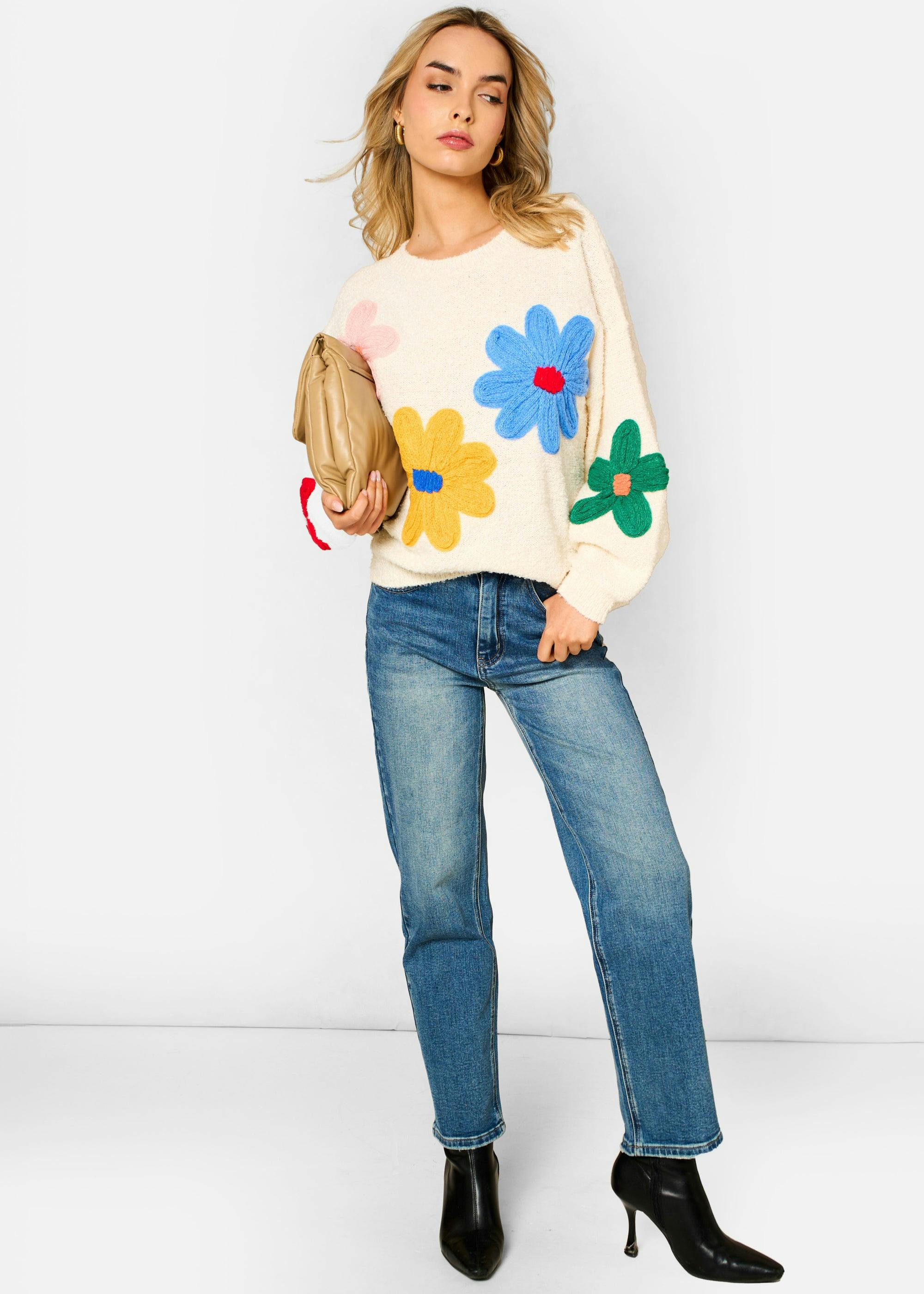 Gini London Cream 3D Flower Crochet Knitted Jumper - M-L (Uk 12-14/Us 8-10/Eu 40-42)