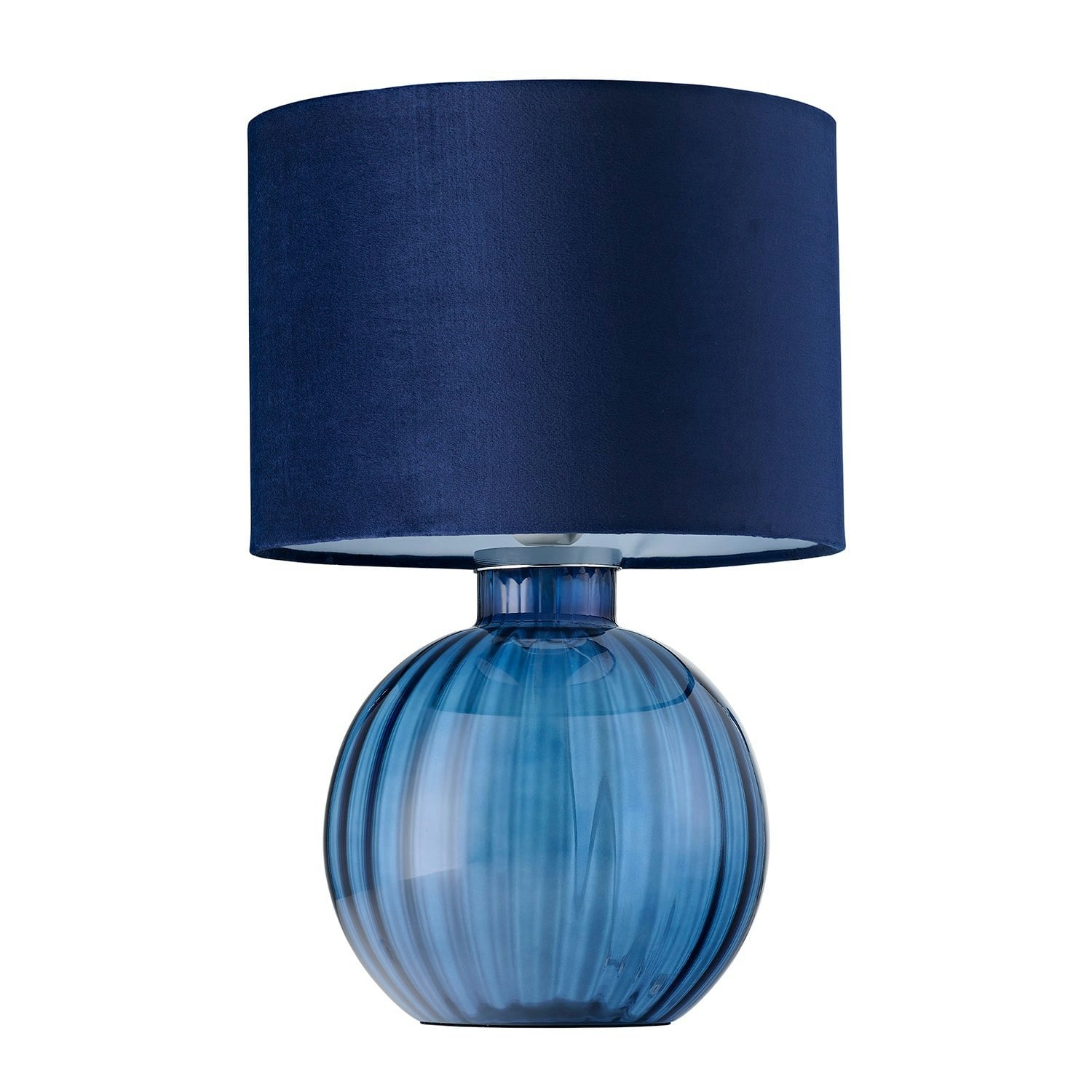 Happy Homewares Blue Contemporary Midnight Ribbed Glass Table Lamp With Navy Velvet Shade 42Cm