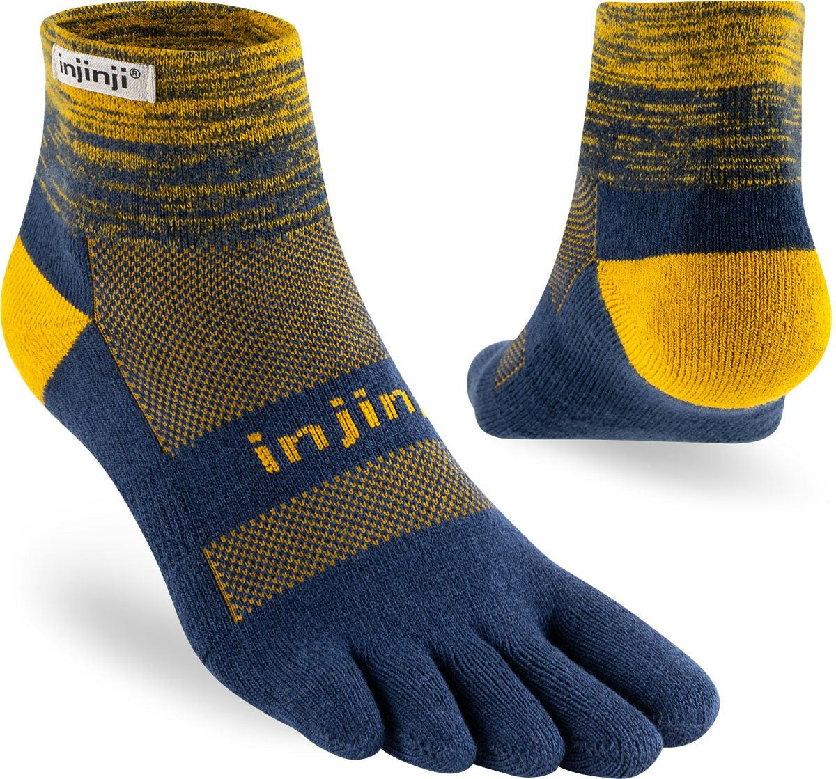 Injinji Men's Blue/Gold Mid-Weight Trail Run Mini-Crew Toe Socks (Inj-Tr-Mc) - Moonlight - Large - Trail Running