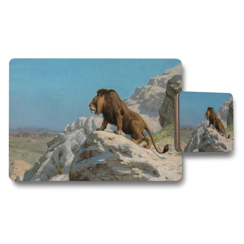 Rackhams Blue Desert Landscape Lion On Rocks Placemat And Coaster Set Artwork