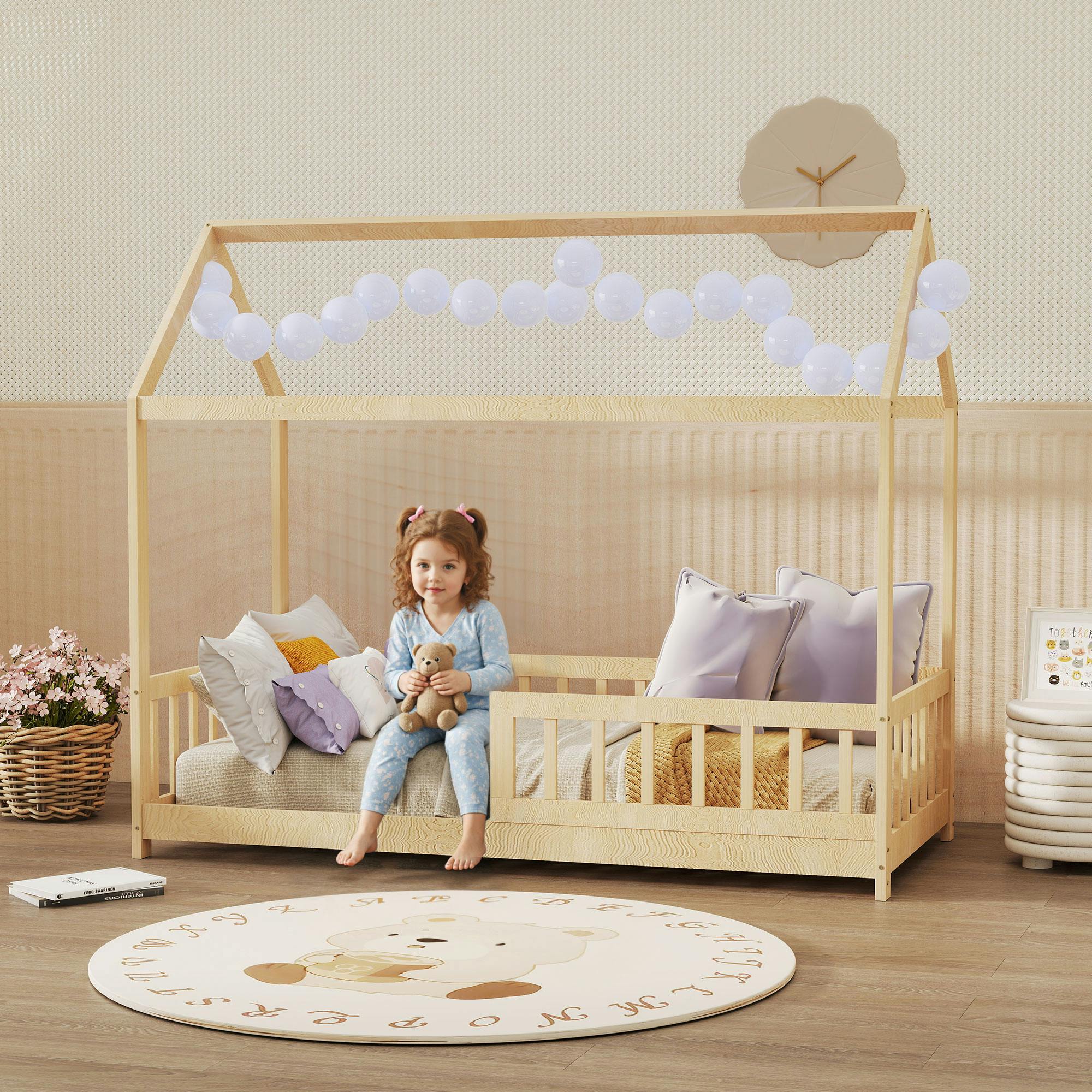 Bobobiy Boys House-Shaped Kids Bed Frame With Guard Rails, Solid Pine Wood Single Bed Frame For Kids And Girls, Natural - Natural Wood Finish - Image 3