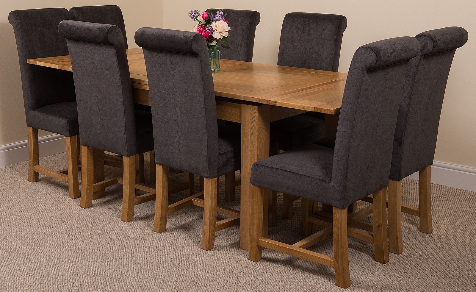 That's Furniture Black Richmond Medium Oak Extendable Dining Table With Washington Fabric Chairs - 8 Chairs