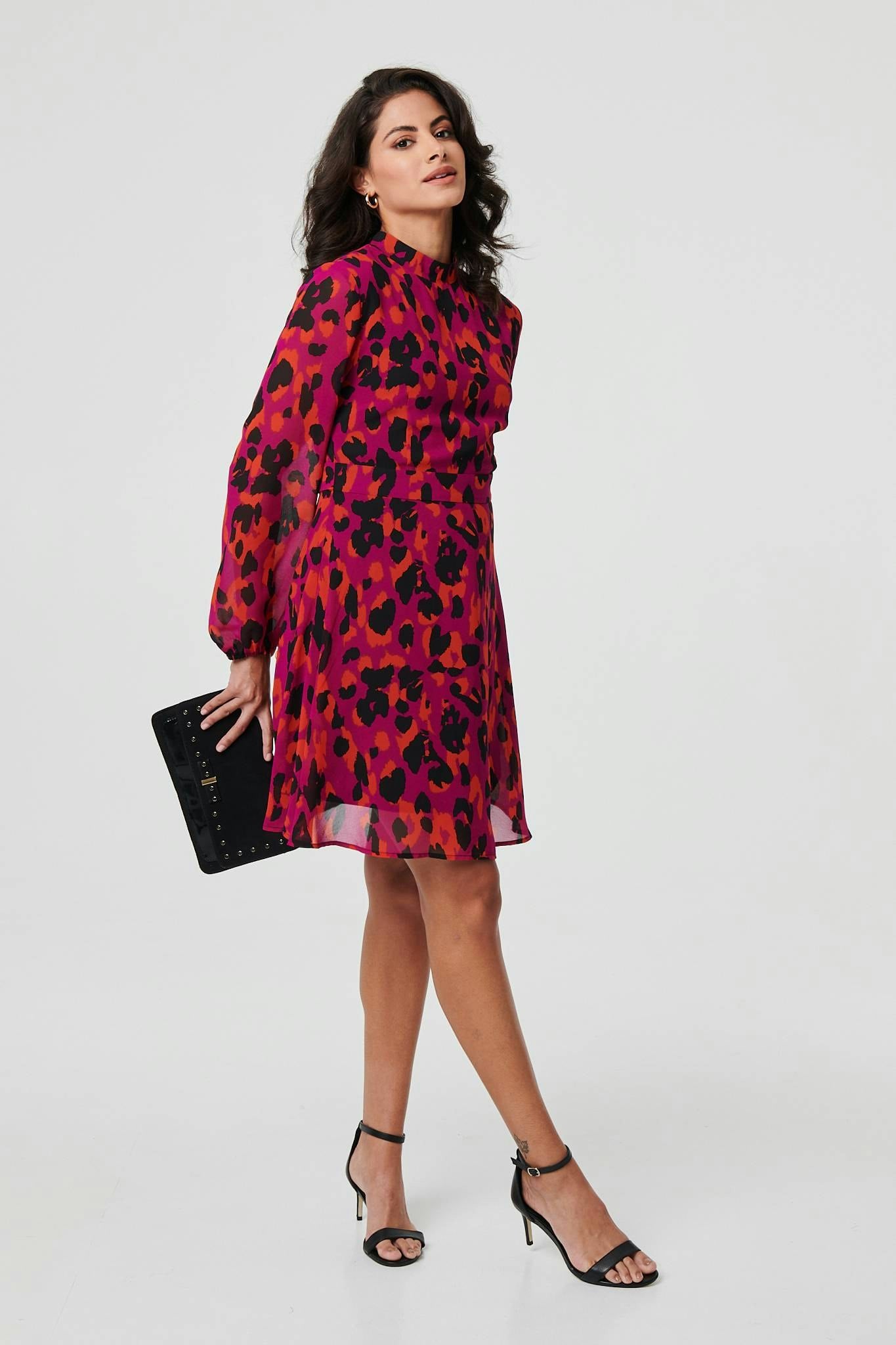 Izabel London Purple Animal Print Tie Waist Mini Skater Dress - 10