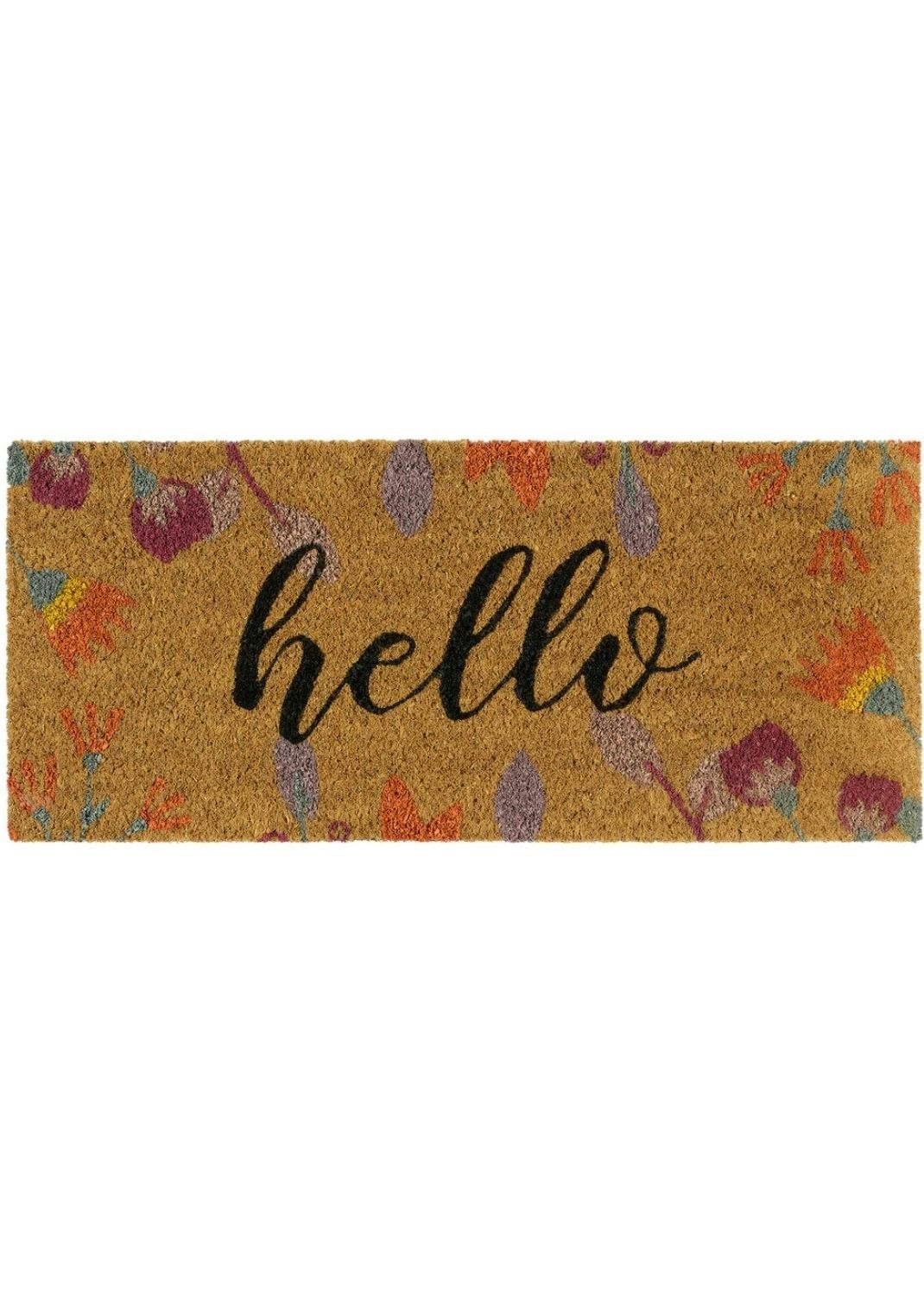 Orange/Yellow/Purple/Grey/Green Coir Insert Floral Hello Doormat - Image 2