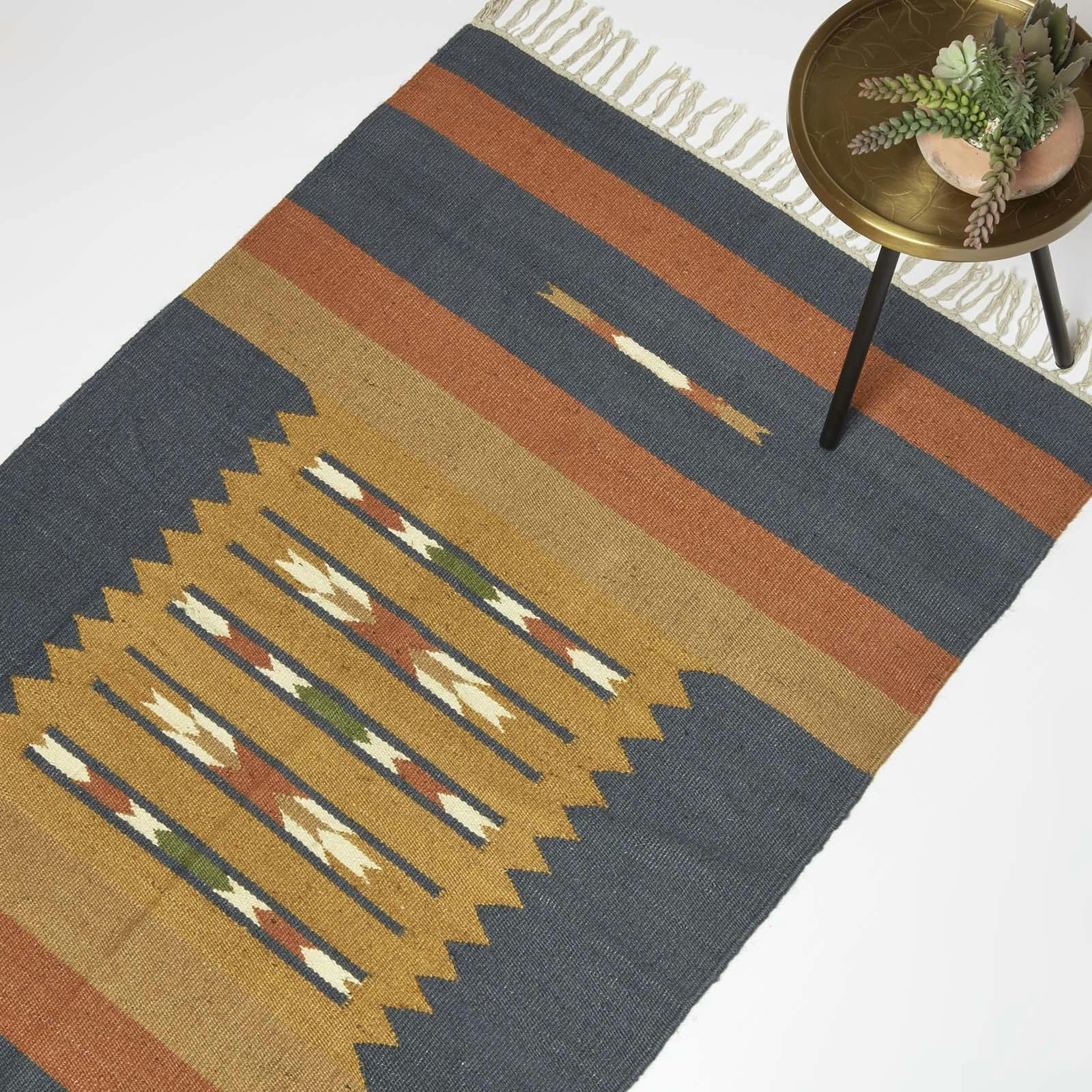 Homescapes Orange/Blue Lundi & Kilim Cotton & Jute Rug - 160 X 230 Cm